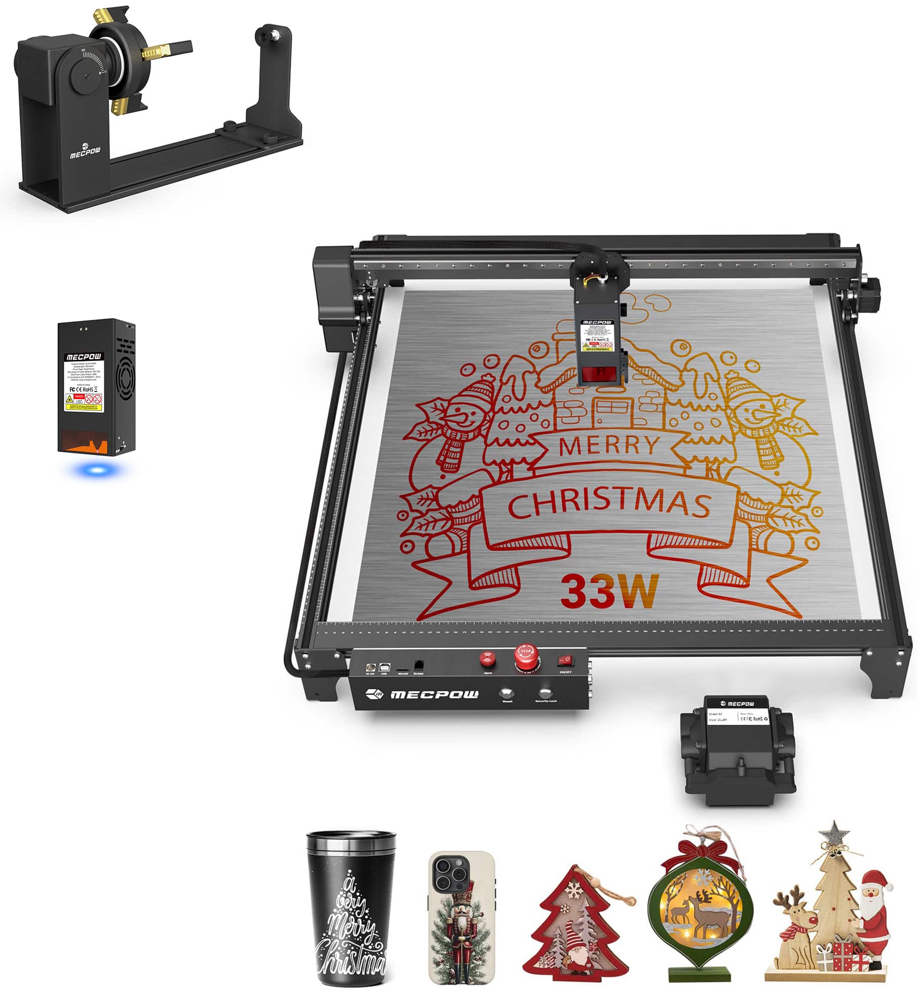 Mecpow - X5 Pro Laser Engraver & G5 Rotary Roller Module & B40W Module, High-Speed Cutting & Precision Engraving for Wood Metal