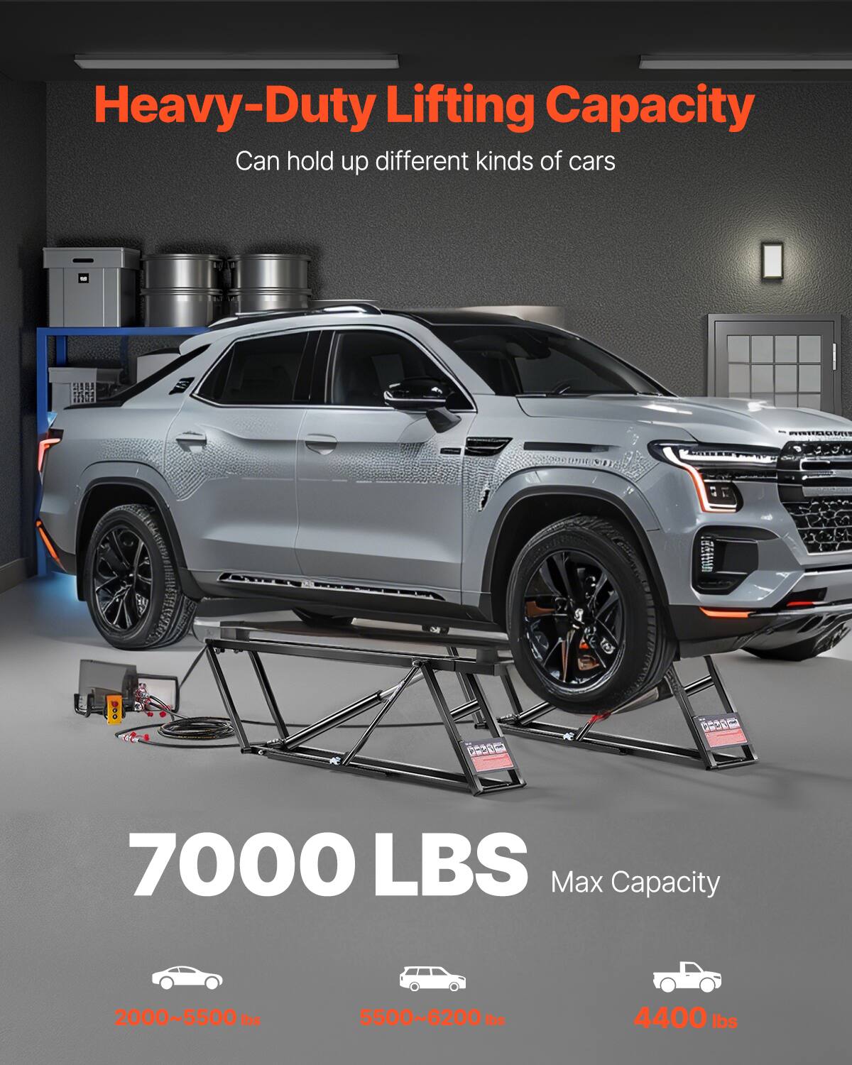 Heavy-Duty Lifting Capacity  
Can hold up different kinds of cars  

7000 LBS Max Capacity  
2000~5500 lbs  
5500~6200 lbs  
4400 lbs