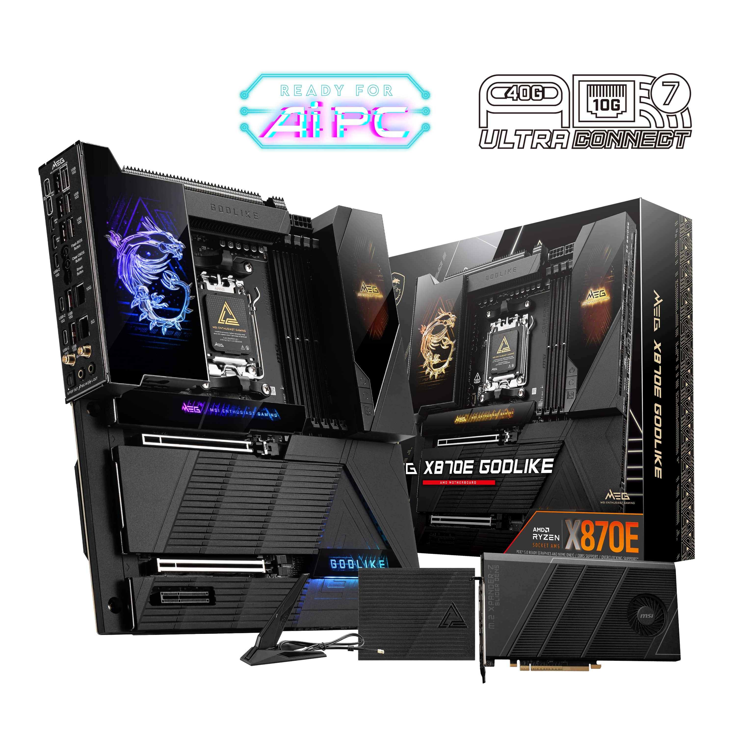 The text on the image reads "Ready for 40G 7 10G APC ULTRA CONNECT # BOOLIKE - - A do 460 hyfans COOLIKE NER MEC AEG BOLEX - wasder G XB0E GODLIKE GODLIKE ... A.aE MED AMBO RYZEN SOCRIT - e X870E - . I S - BOOLIKE .aXPANDER msi FST 1 ! I I".