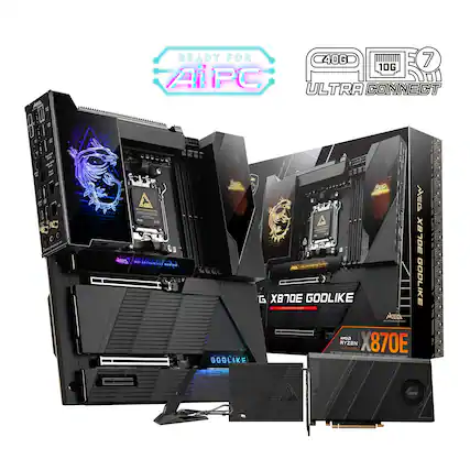 The text on the image reads "Ready for 40G 7 10G APC ULTRA CONNECT # BOOLIKE - - A do 460 hyfans COOLIKE NER MEC AEG BOLEX - wasder G XB0E GODLIKE GODLIKE ... A.aE MED AMBO RYZEN SOCRIT - e X870E - . I S - BOOLIKE .aXPANDER msi FST 1 ! I I".