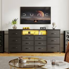 Jojoka - 63" Dresser TV Stand for 65-75 Inch TVs, Fabric Chest with Charging Station, LED Lights & 12 Drawers - Black