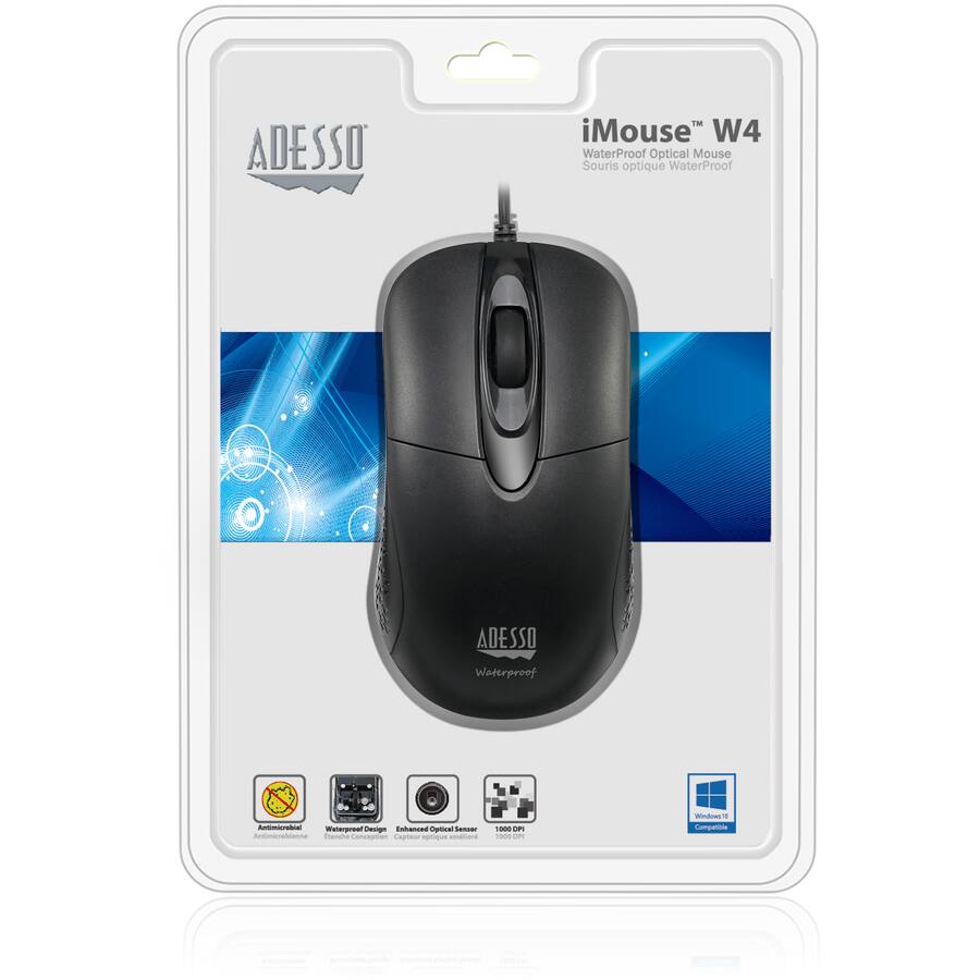 ADESSO iMouse W4  
WaterProof Optical Mouse  
Souris optique WaterProof  

- Anti-slip  
- Waterproof Design  
- Enhanced Optical Sensor  
- 1600 DPI  
- Windows 10 Compatible