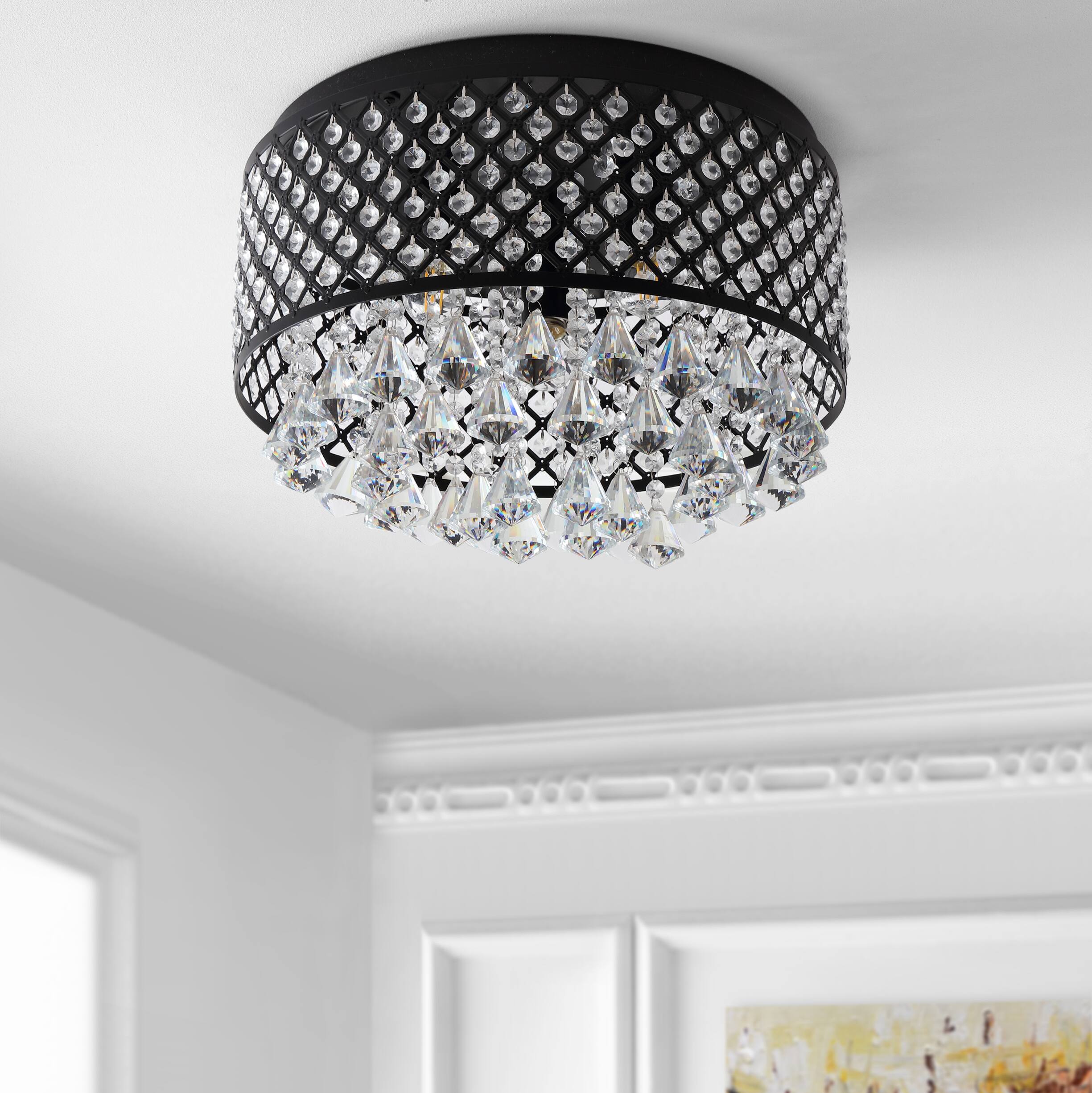 Alt View 4. Jonathan Y - Evelyn 17" 3-Light Crystal Drops/Metal ,LED Flush Mount, Black - Black/Clear.