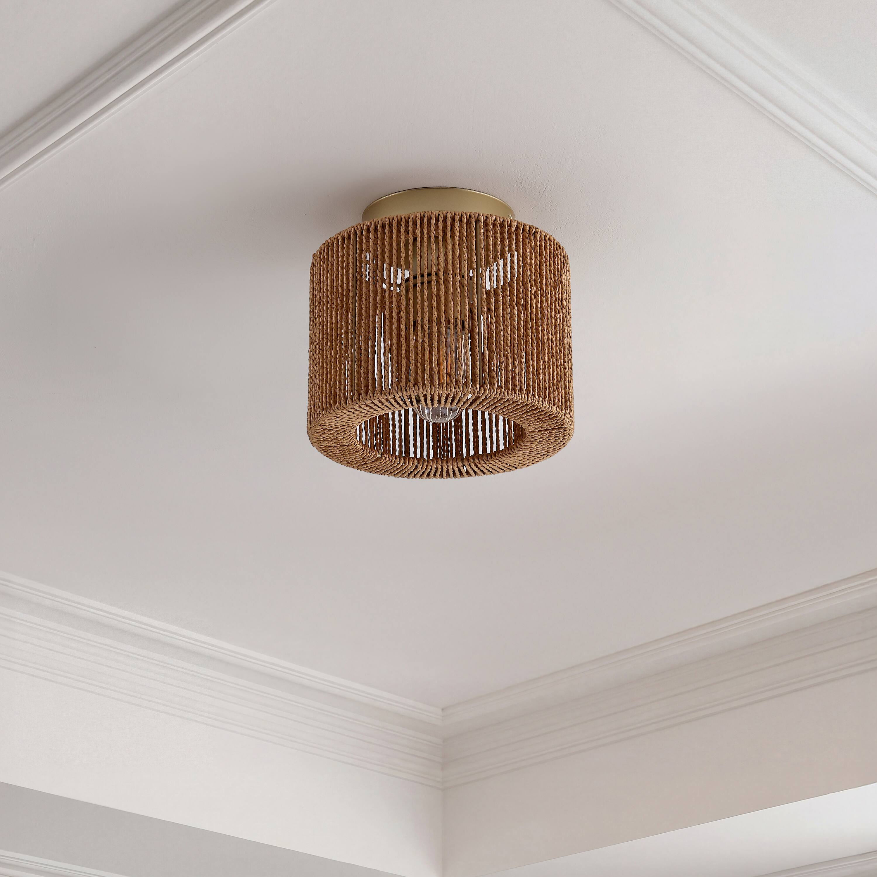 Alt View 9. Jonathan Y - Omar Set of 2 Modern 8" Gold Painting Metal Flush Mount with Brown Paper Cylinder Straight Weave Shade, for Bedroom - Brown.
