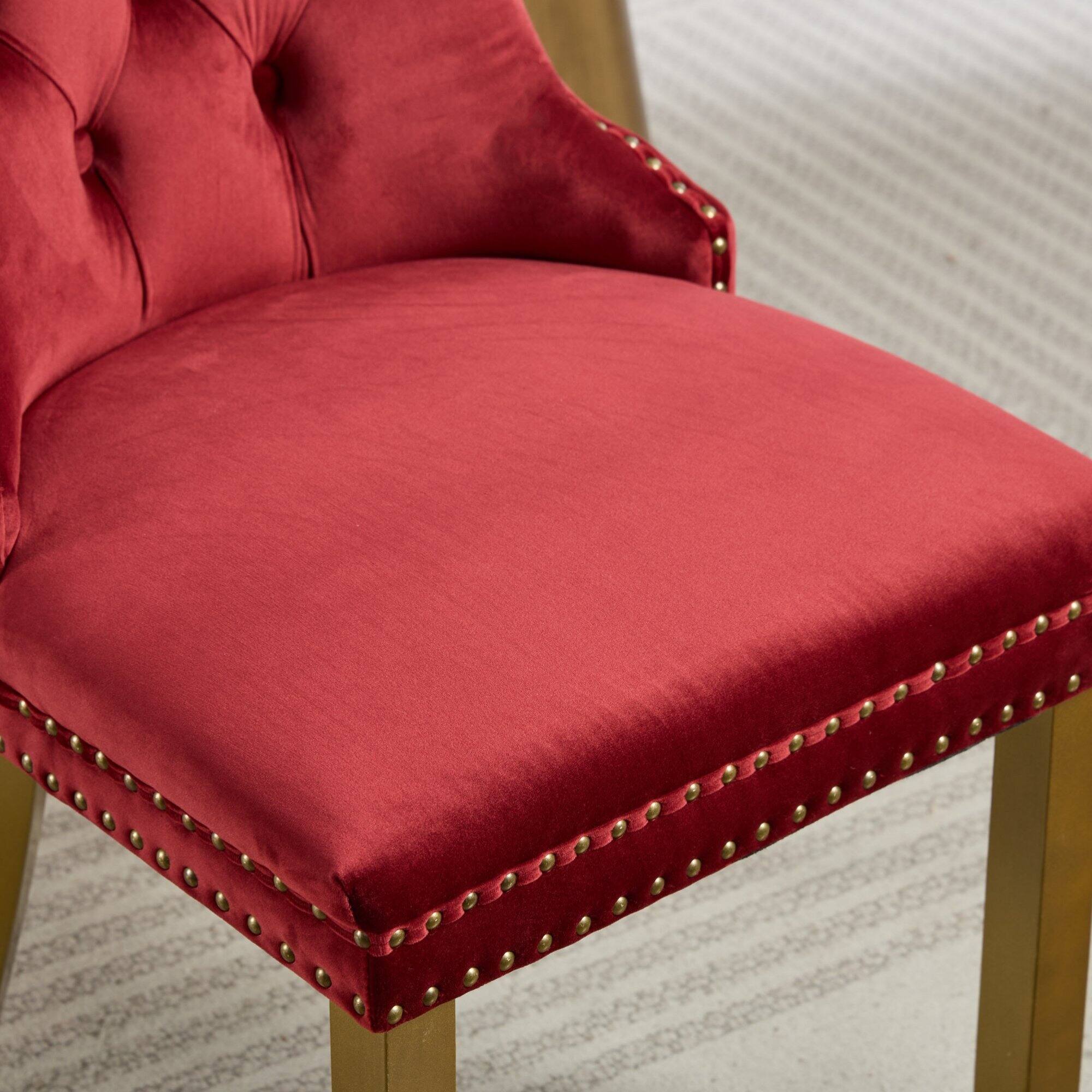Alt View 8. GOODSILO - Modern Tufted Velvet Dining Chairs with Lion Head Pull Rings and Golden Wooden Legs, Set of 2 - Wine Red.