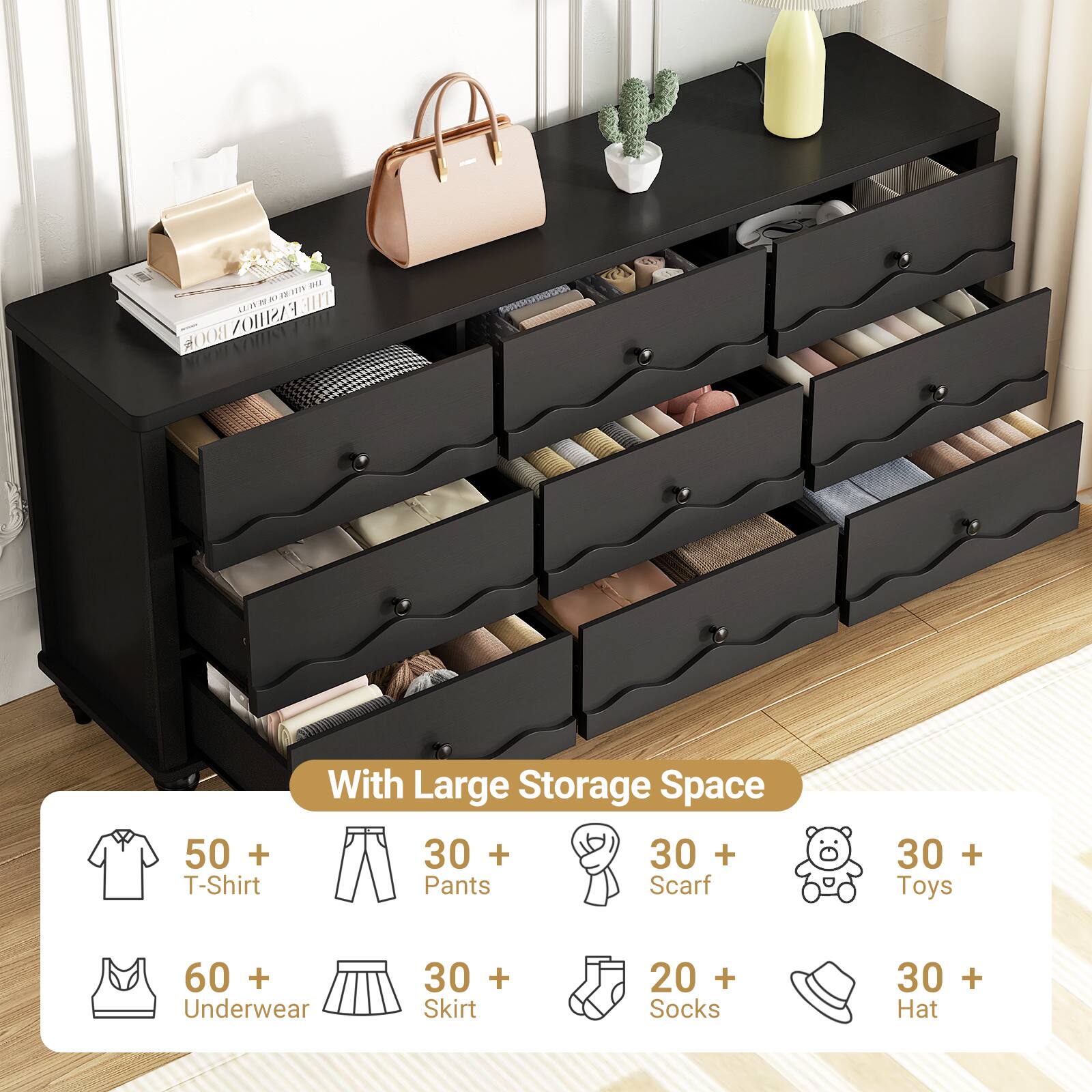 eV A3 a1 E200 J. u.2 2 THIE FASHION R00 DESONISUT S 50 + T-Shirt With Large Storage Space 30 + 30 + Pants Scarf 30 + Toys 60 + Underwear 30 + Skirt 20 + Socks 30 + Hat