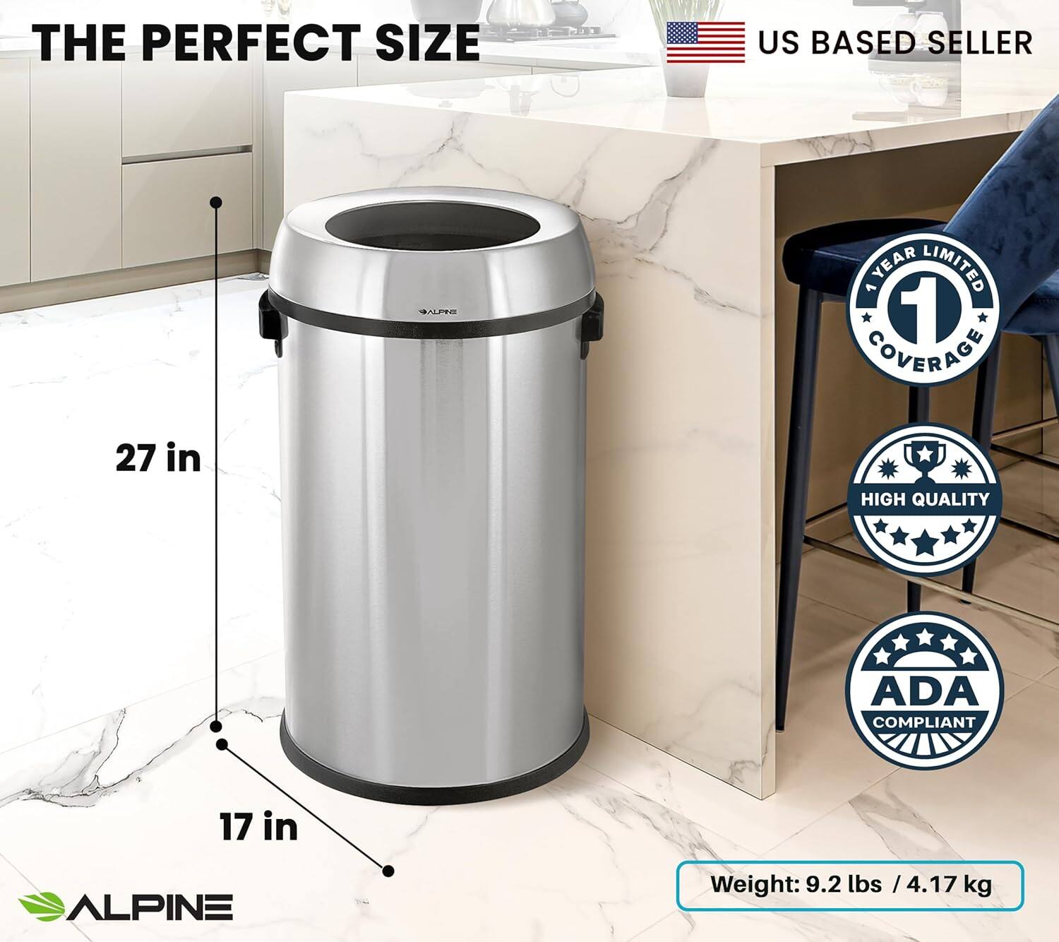 THE PERFECT SIZE US BASED SELLER 27 in 17 in ALPINE Weight: 9.2 lbs / 4.17 kg YEAR LIMITED 1 COVERAGE HIGH QUALITY ADA COMPLIANT