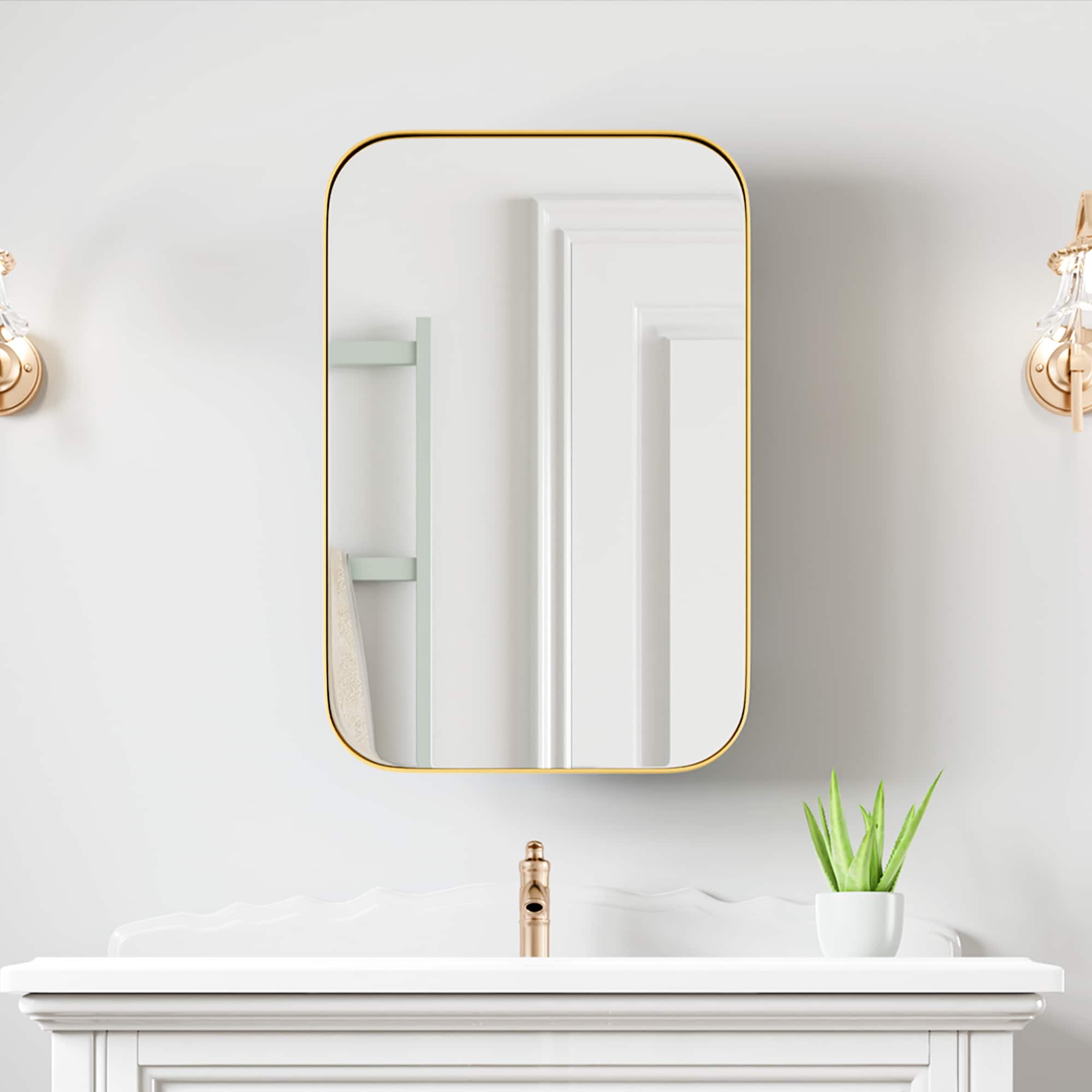 PexFix - 16" x 24" Rectangular Rounded Corners Mirror Medicine Cabinet - Metal Frame, Recessed or Surface Mount for Bathroom - Gold