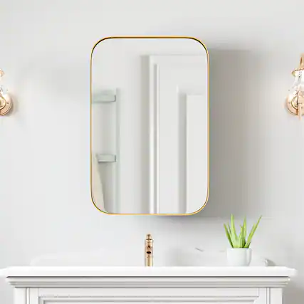 Front. PexFix - 16" x 24" Rectangular Rounded Corners Mirror Medicine Cabinet - Metal Frame, Recessed or Surface Mount for Bathroom - Gold.
