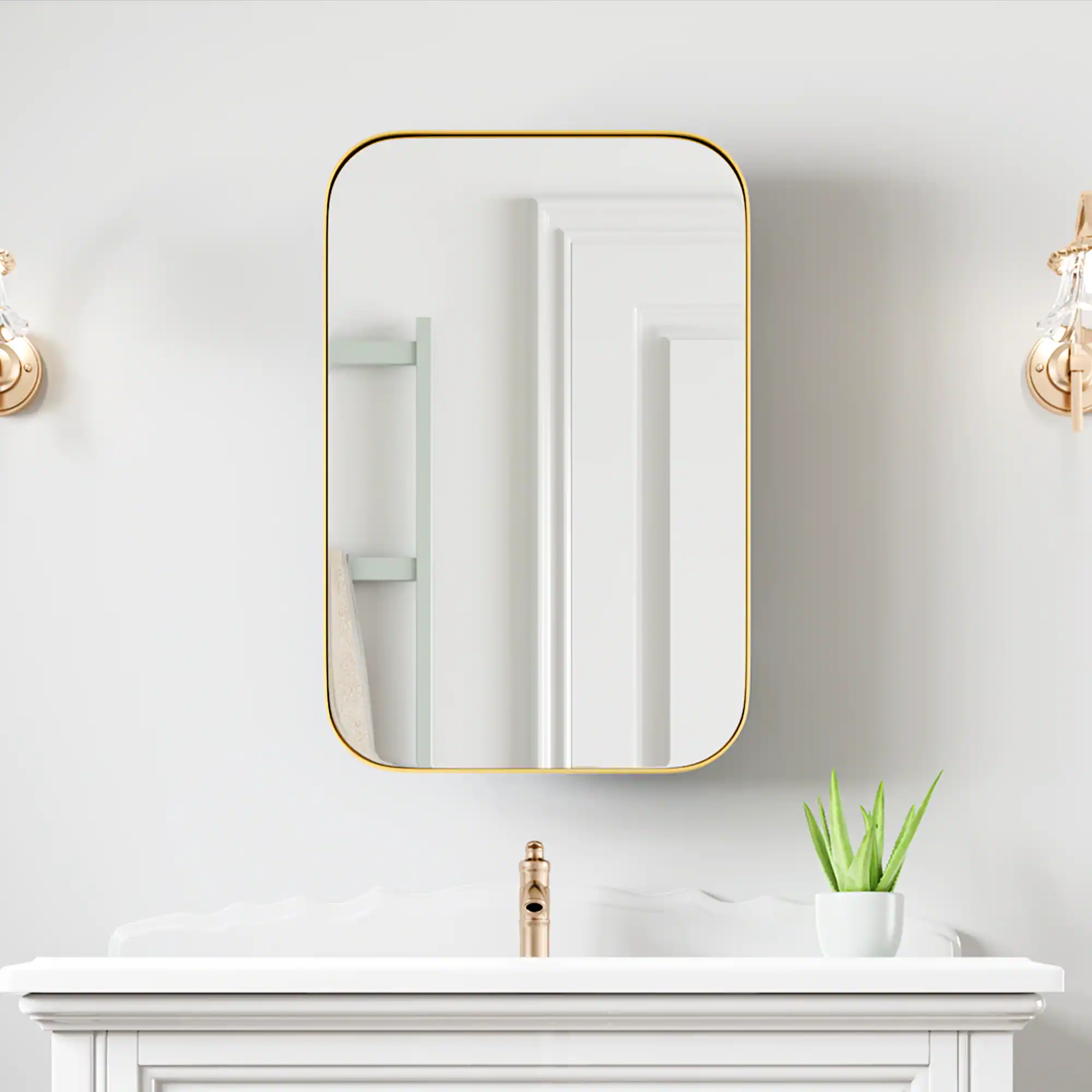 Front. PexFix - 16" x 24" Rectangular Rounded Corners Mirror Medicine Cabinet - Metal Frame, Recessed or Surface Mount for Bathroom - Gold.