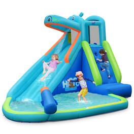 Costway - Inflatable Kids Hippo Bounce House Slide Climbing Wall Splash Pool w/ Bag - Multicolor