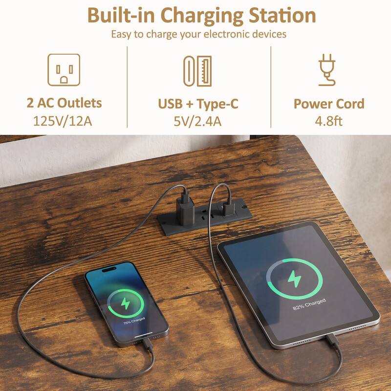 Built-in Charging Station  
Easy to charge your electronic devices  

2 AC Outlets  
125V/12A  

USB + Type-C  
5V/2.4A  

Power Cord  
4.8ft  

75% Charged  
82% Charged