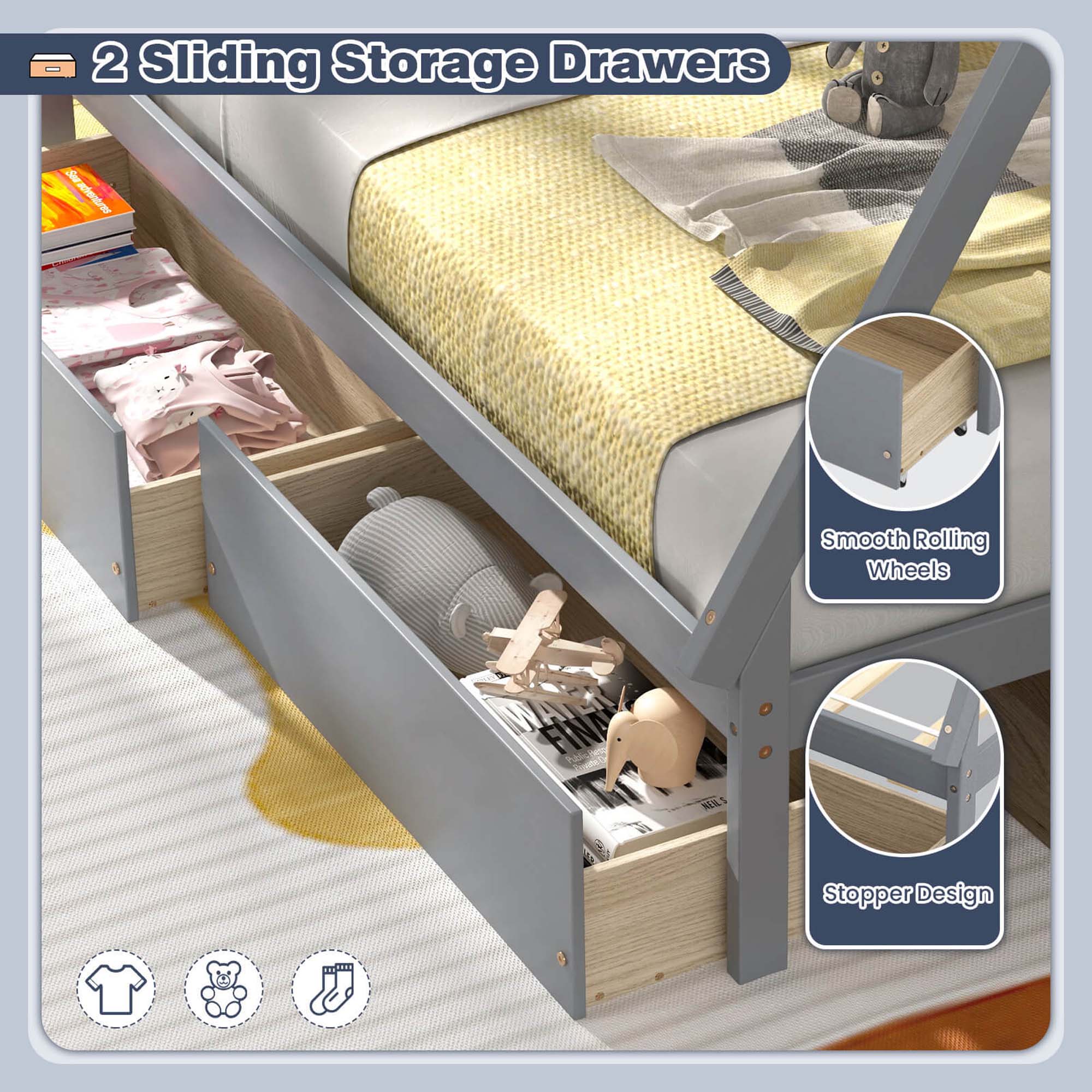 2 Sliding Storage Drawers addresses the issue of smooth rolling wheels and features a stopper design.