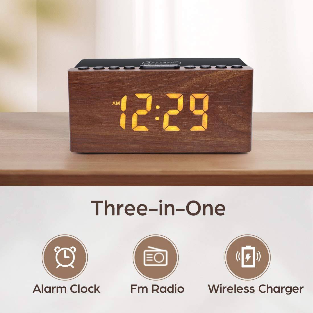 AM 12:29  
Three-in-One Alarm Clock Fm Radio Wireless Charger  

Three-in-One  
Alarm Clock  
Fm Radio  
Wireless Charger