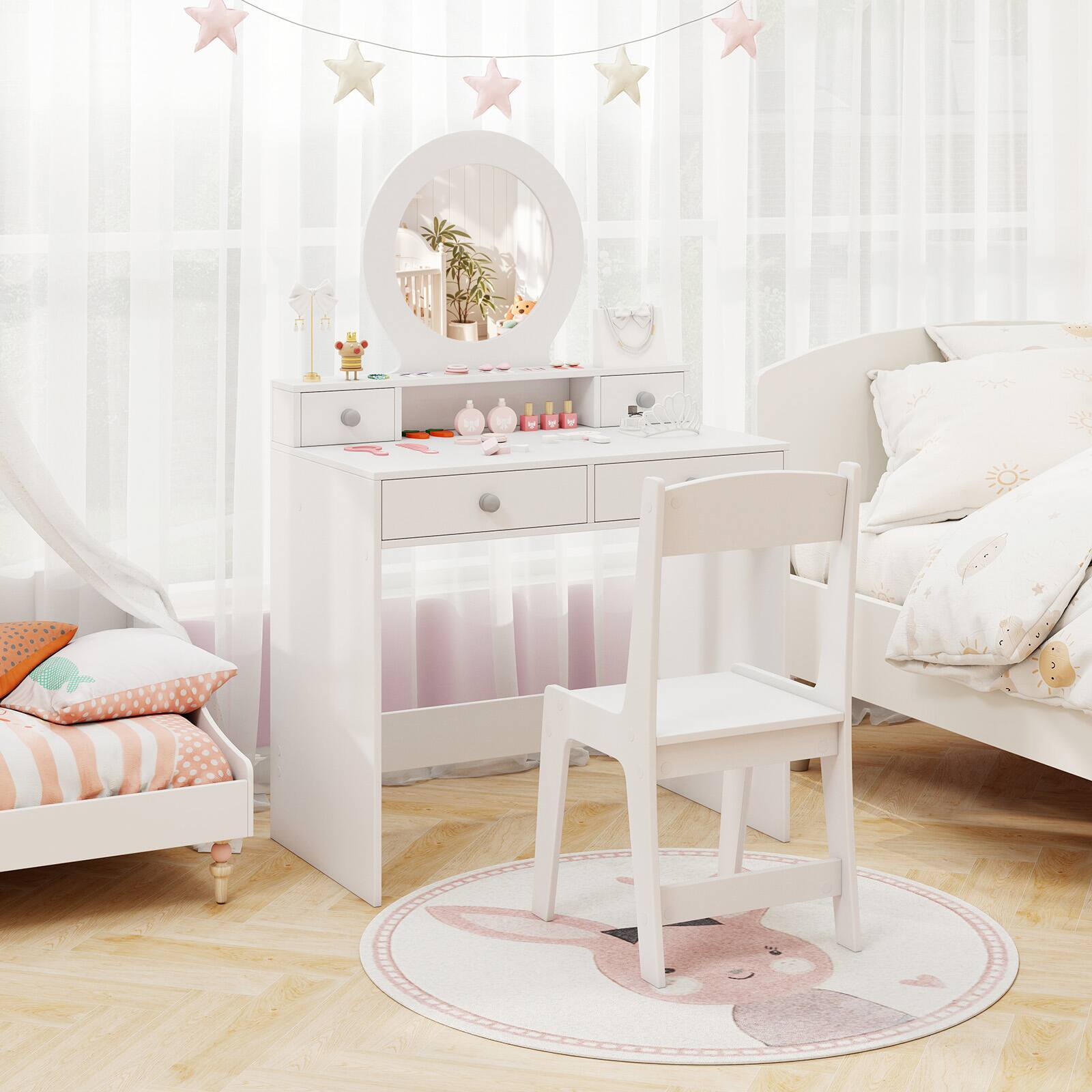 Alt View 1. Gymax - Gymax Kids Vanity Set Desk & Chair Set w/ Mirror Open Shelf & 4 Storage Drawers White - White.