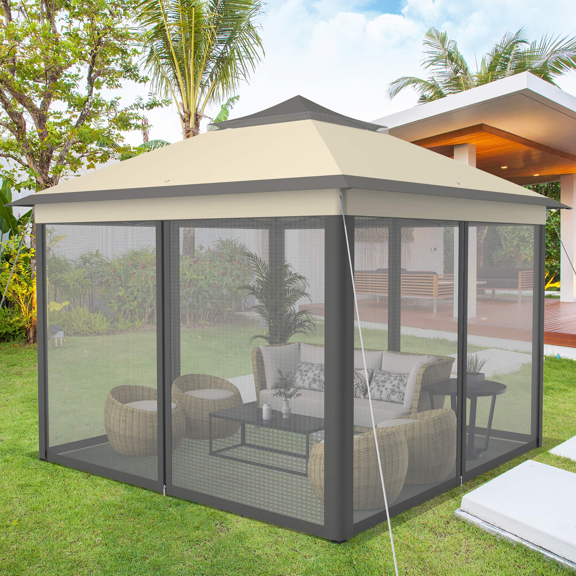 Costway - 11'x11' 2-Tier Pop-Up Gazebo Tent Portable Canopy Shelter Carry Bag Mesh - Brown