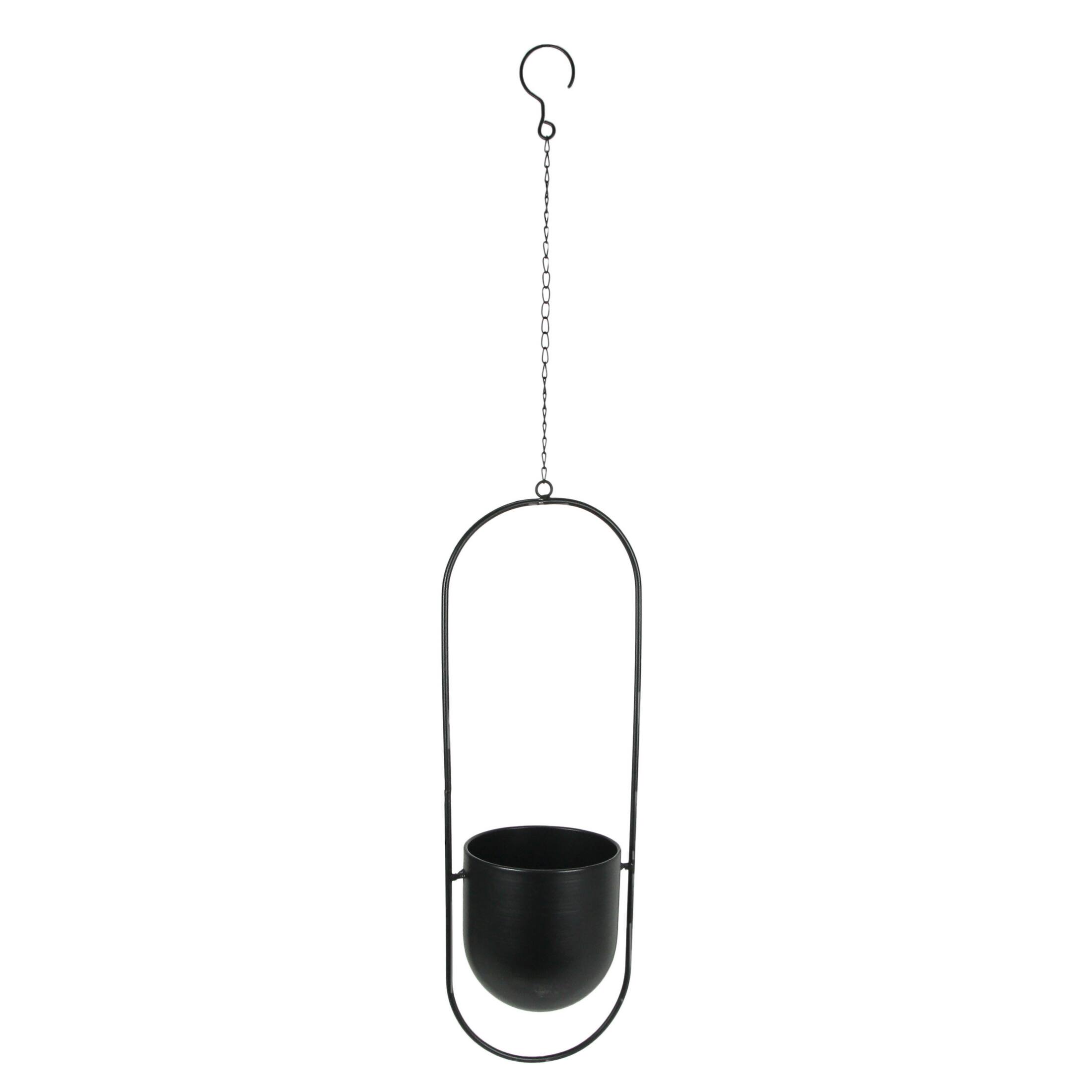 Front. Audrey's - Black Metal Hanging Planter Indoor Outdoor Flower Pot Minimalist Oval Decor - Black.