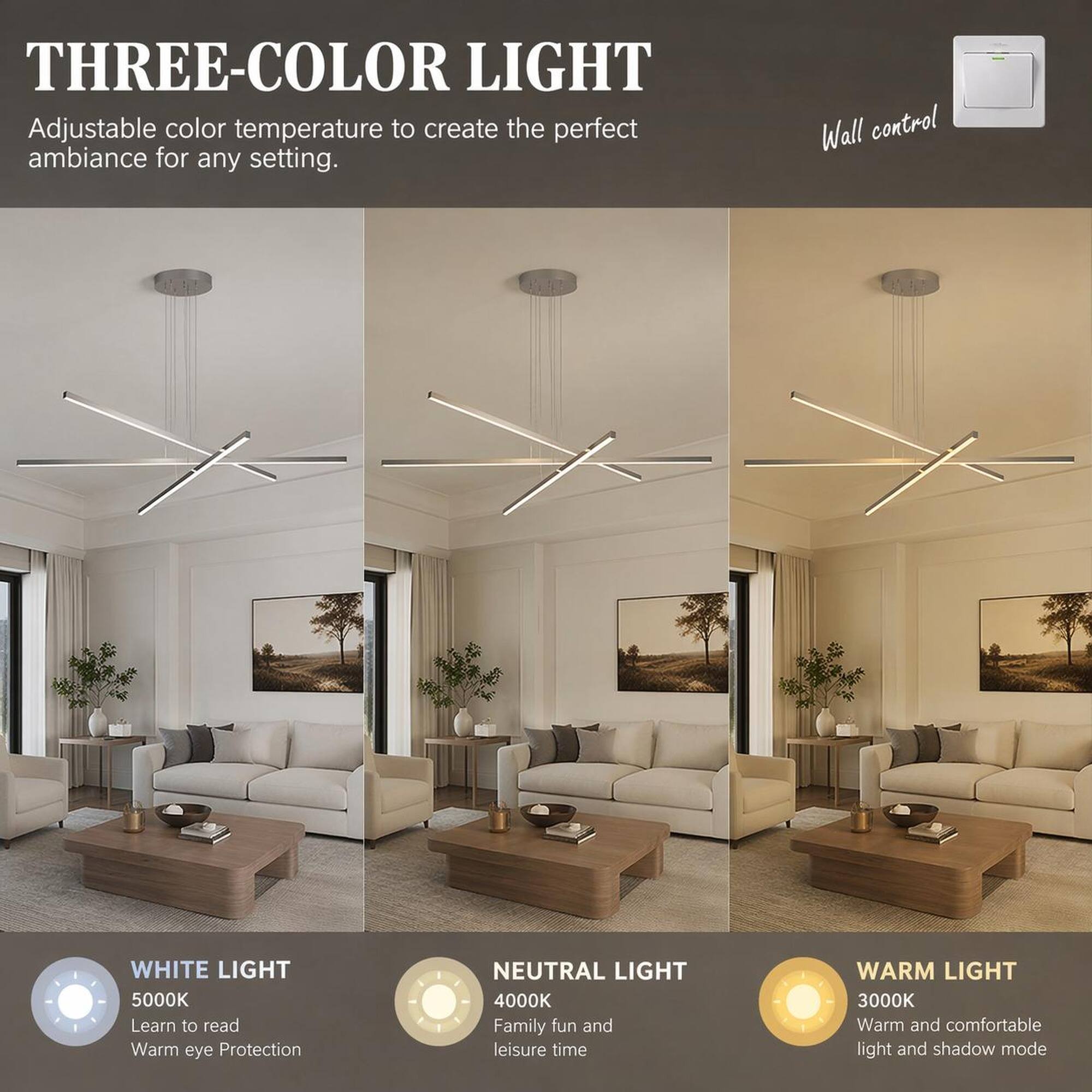 THREE-COLOR LIGHT  
Adjustable color temperature to create the perfect ambiance for any setting.  

Wall control  

WHITE LIGHT 5000K  
Learn to read  
Warm eye Protection  

NEUTRAL LIGHT 4000K  
Family fun and leisure time  

WARM LIGHT 3000K  
Warm and comfortable light and shadow mode