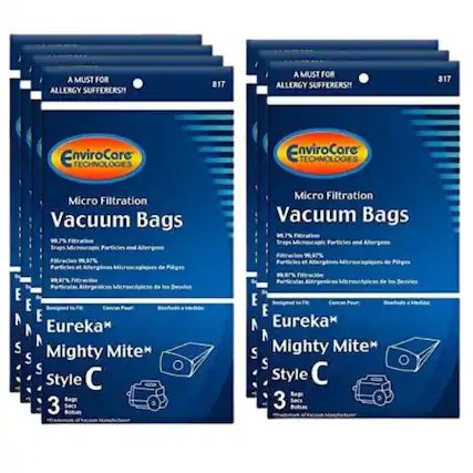 A MUST FOR ALLERGY SUFFERERS!! 817
EnviroCare TECHNOLOGIES
Micro Filtration Vacuum Bags
99.7% Filtration Traps Microscopic Particles and Allergens
Filtracion 99.97% Particles et Allergenes Microscopiques de Piges
99.07% Filtracin Particulas Alrgenicos Microscpicos de los Desvios
Designed to Fit: Eureka* Mighty Mite* Style C
3 Bags
Sacs Bolsas