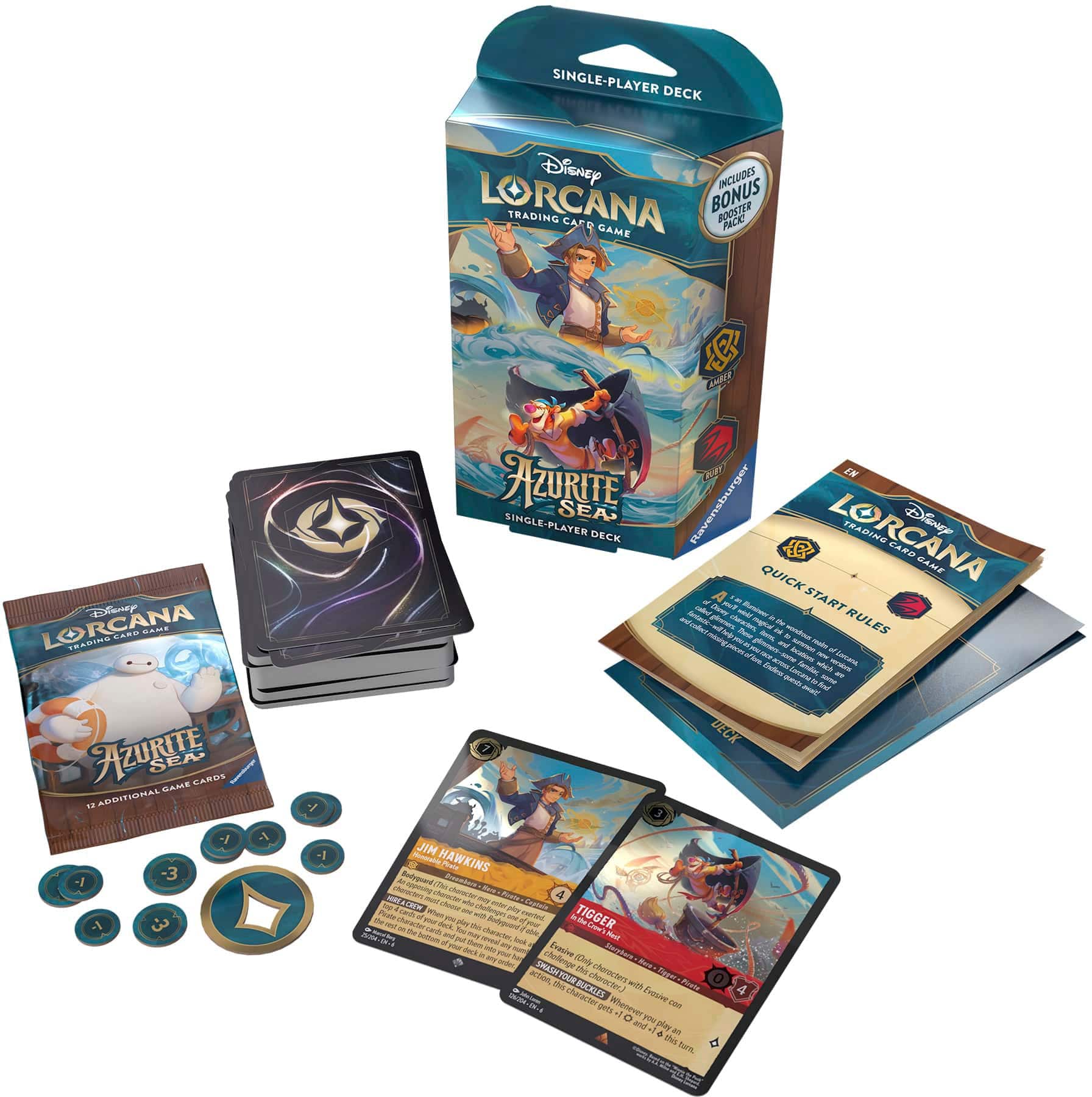 The image features a collection of Lorcana cards and game pieces, including a box of Lorcana cards, a booklet of rules, and a single-player deck. The cards are designed by Disney and are intended for a single player to enjoy. The game pieces are placed on a table, creating an inviting and engaging atmosphere for the player to immerse themselves in the game.