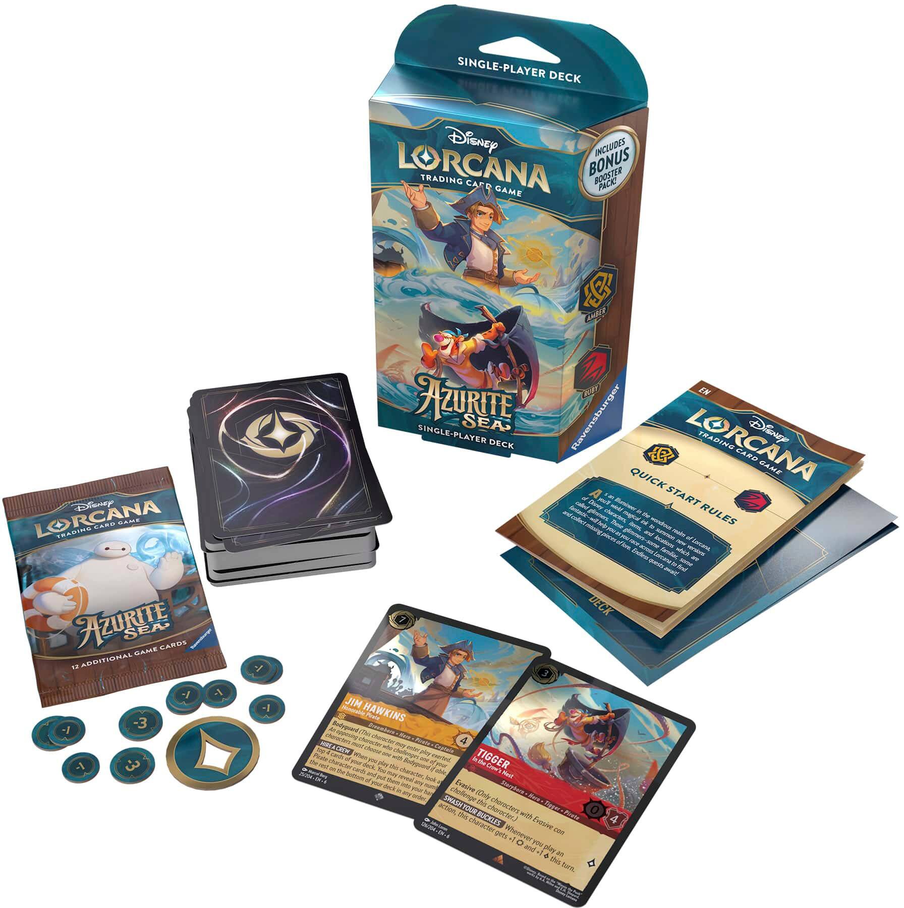 The image features a collection of Lorcana cards and game pieces, including a box of Lorcana cards, a booklet of rules, and a single-player deck. The cards are designed by Disney and are intended for a single player to enjoy. The game pieces are placed on a table, creating an inviting and engaging atmosphere for the player to immerse themselves in the game.