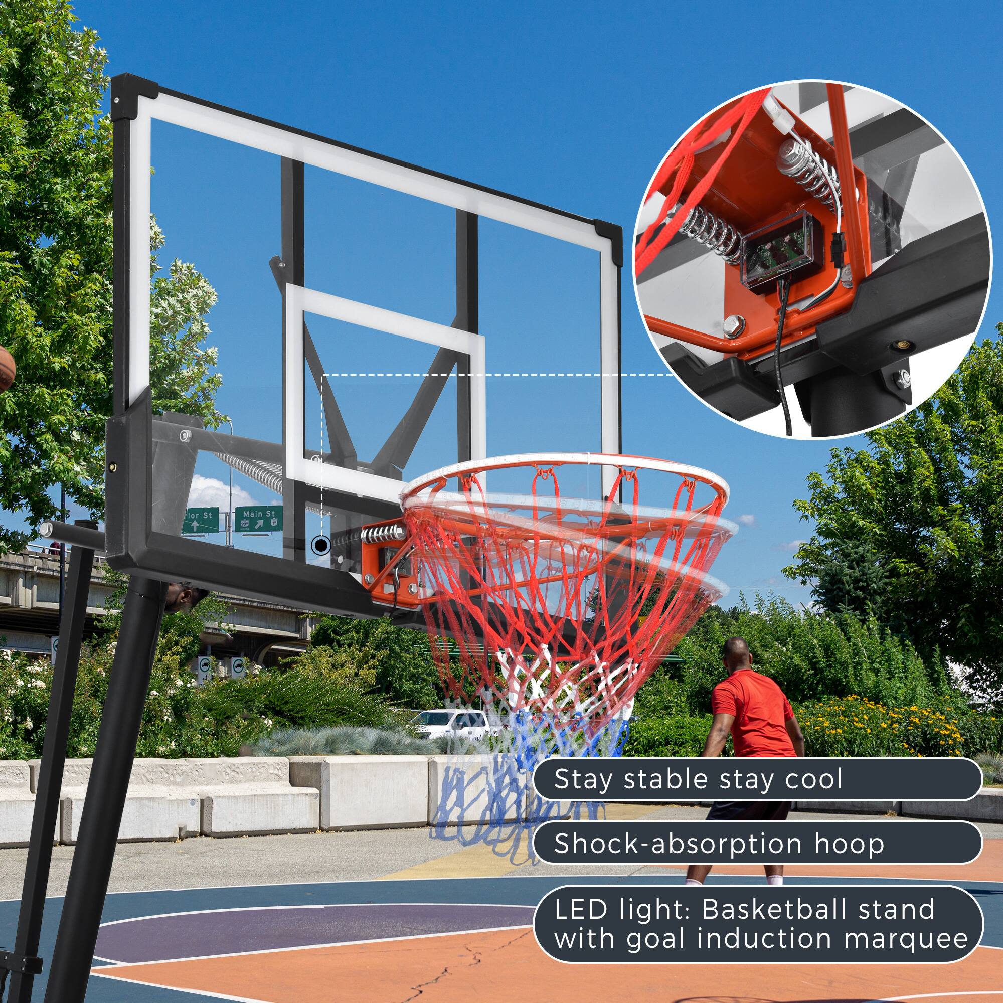 Stay stable stay cool  
Shock-absorption hoop  
LED light: Basketball stand with goal induction marquee