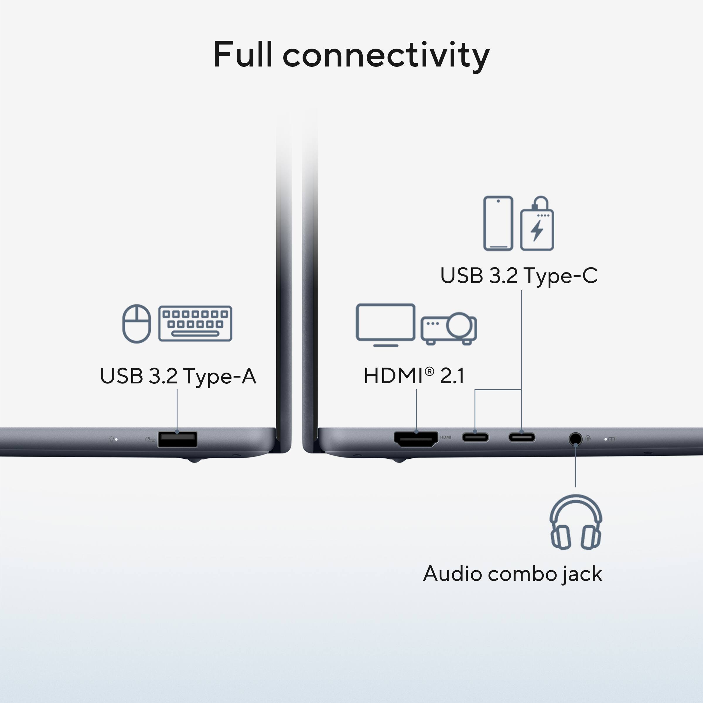 Full connectivity  
USB 3.2 Type-C  
USB 3.2 Type-A  
HDMI 2.1  
Audio combo jack