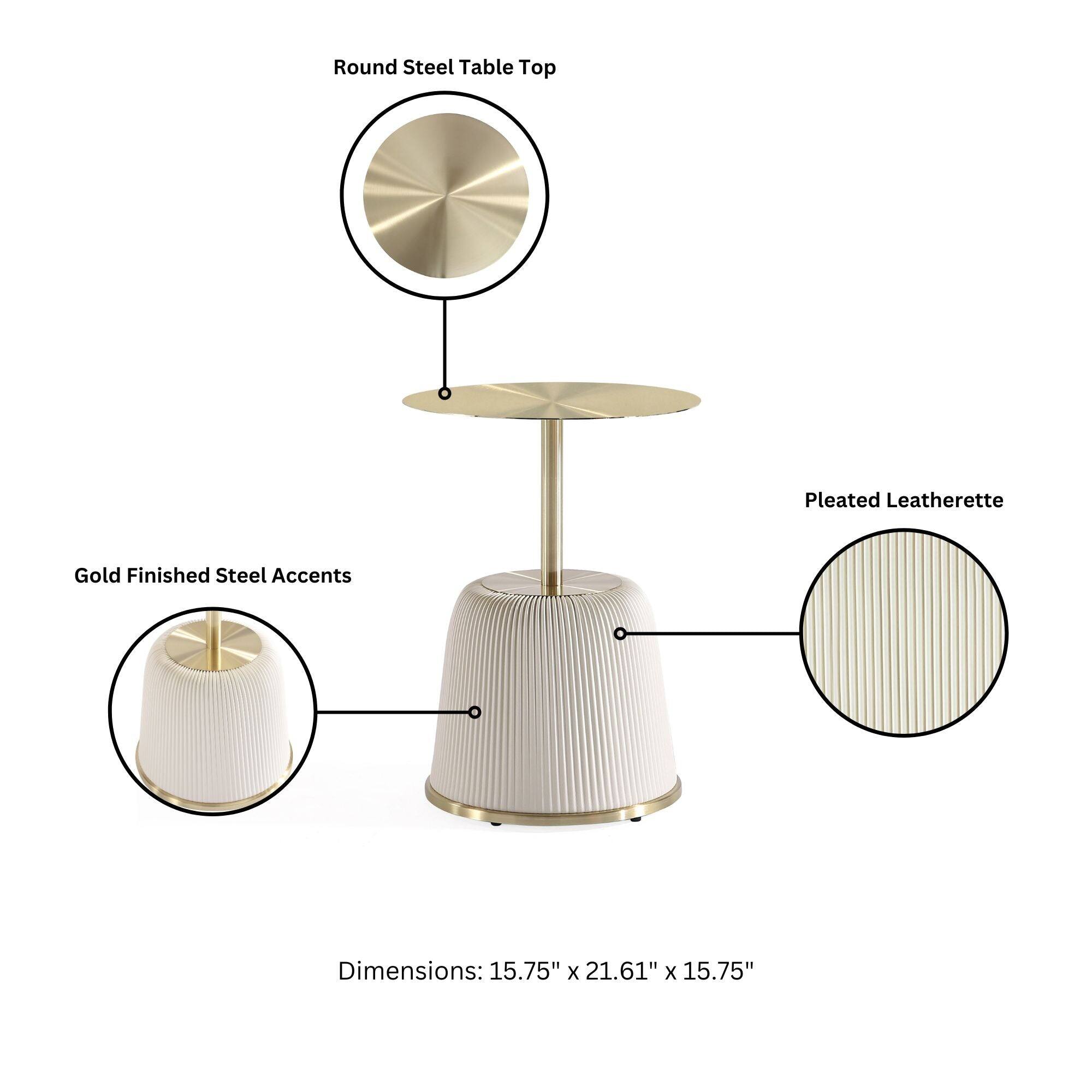 Round Steel Table Top  
Pleated Leatherette  
Gold Finished Steel Accents  
Dimensions: 15.75" x 21.61" x 15.75"