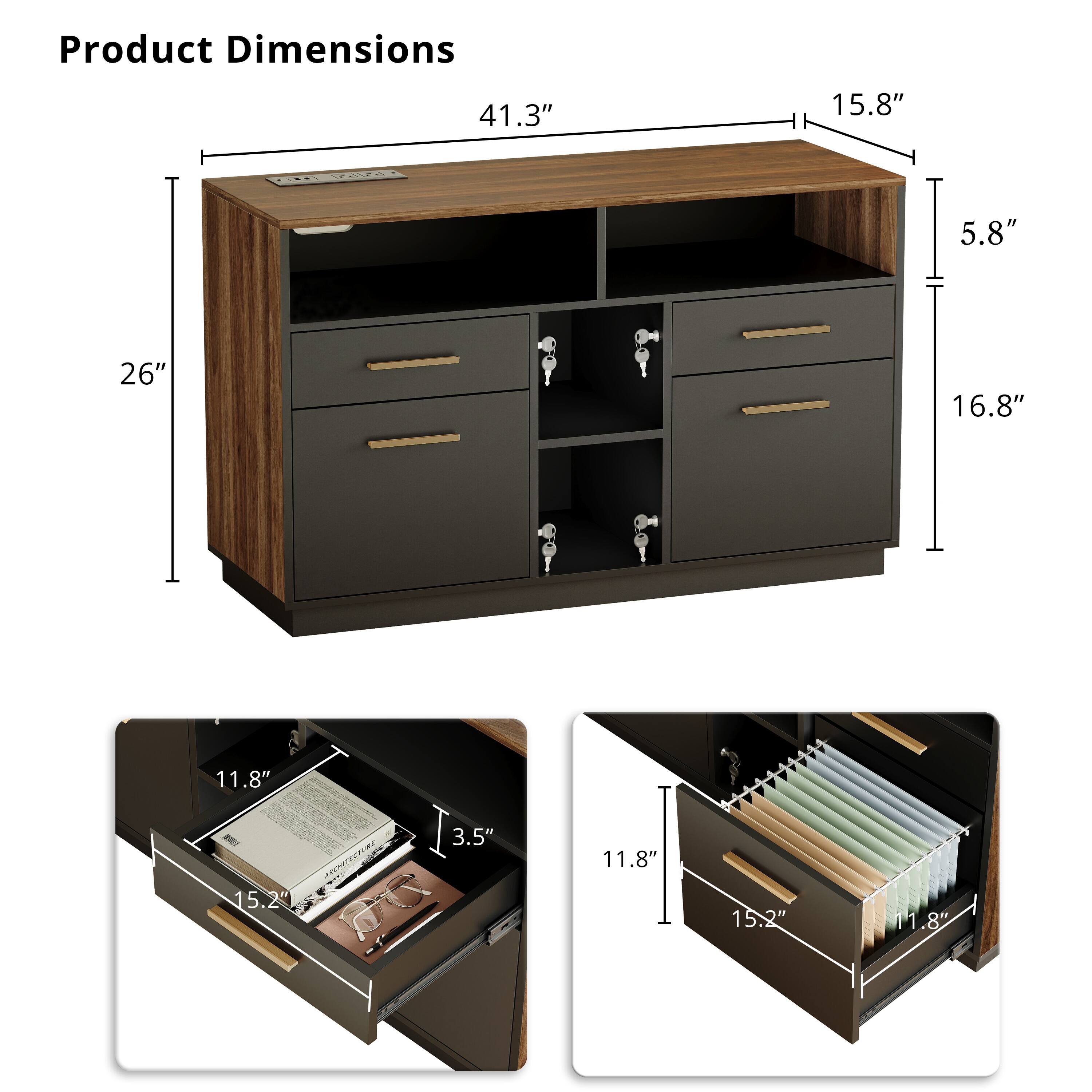 Product Dimensions

- Width: 41.3"
- Depth: 15.8"
- Height: 26"
- Shelf Height: 5.8"
- Drawer Height: 16.8"

Drawer Dimensions

- Width: 15.2"
- Depth: 11.8"
- Height: 3.5"