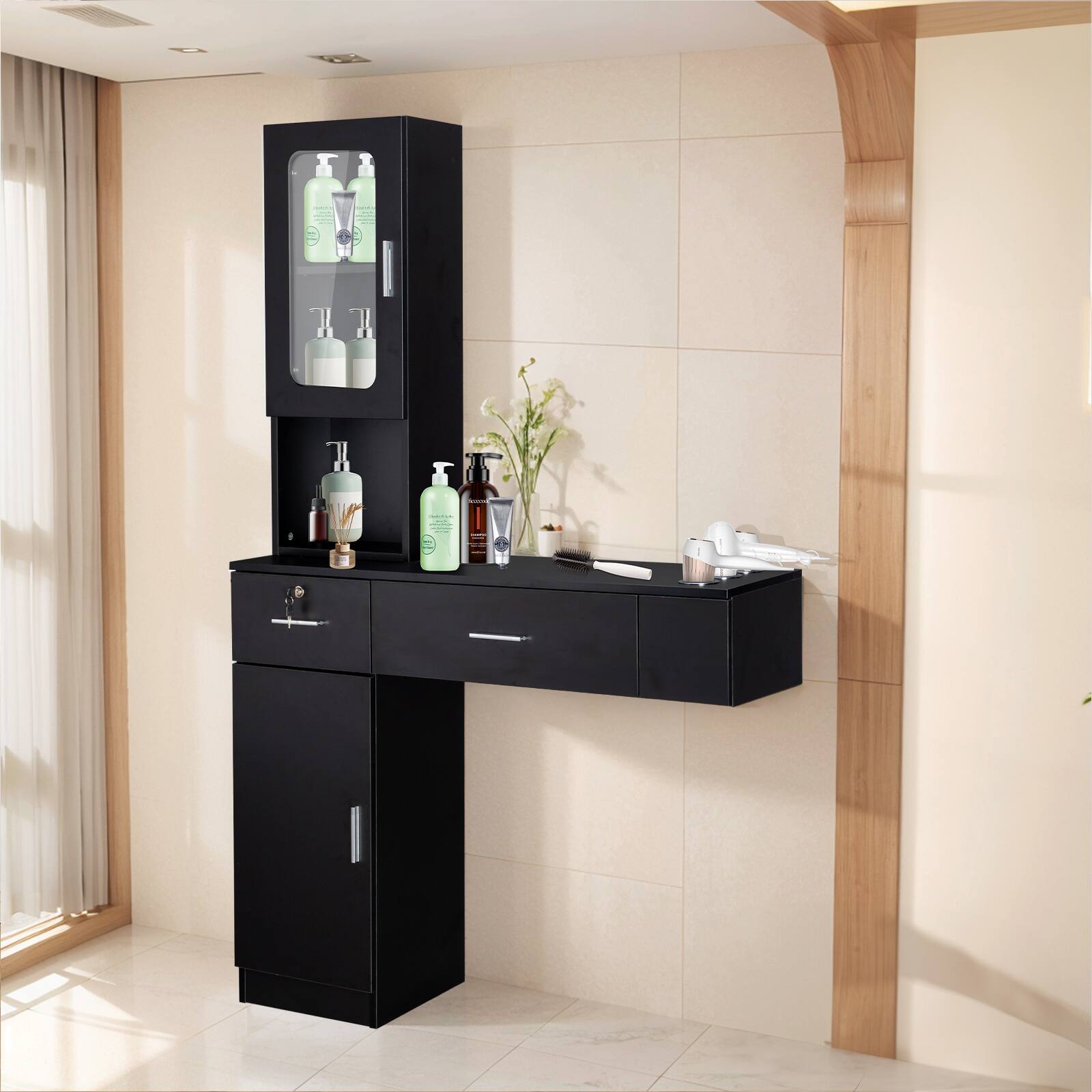 Angle. Winado - Wall Mount Barber Salon Stations Makeup Vanity Desk with Bottom Cabinet, Drawers, Hair Dryer Holder for Makeup Beauty - Black.