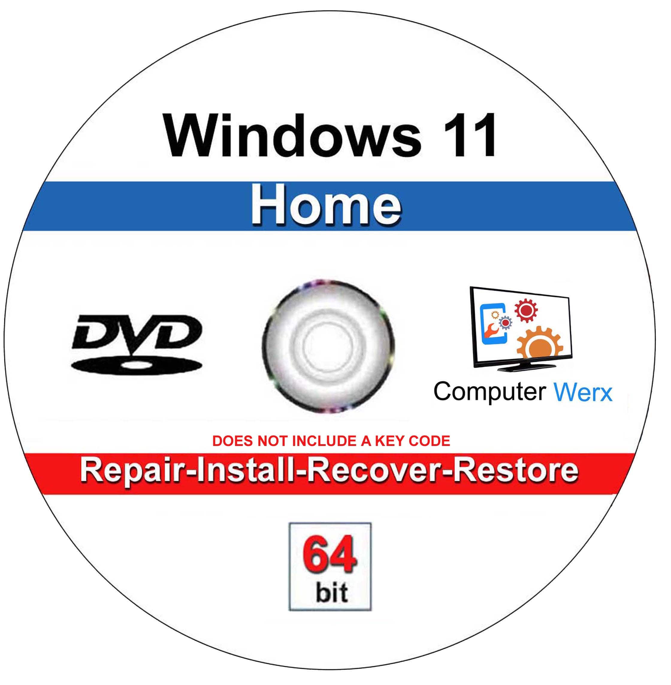 Computer Werx - Windows 11 Home 64 bit Repair Recover Restore Reinstall DVD - Windows