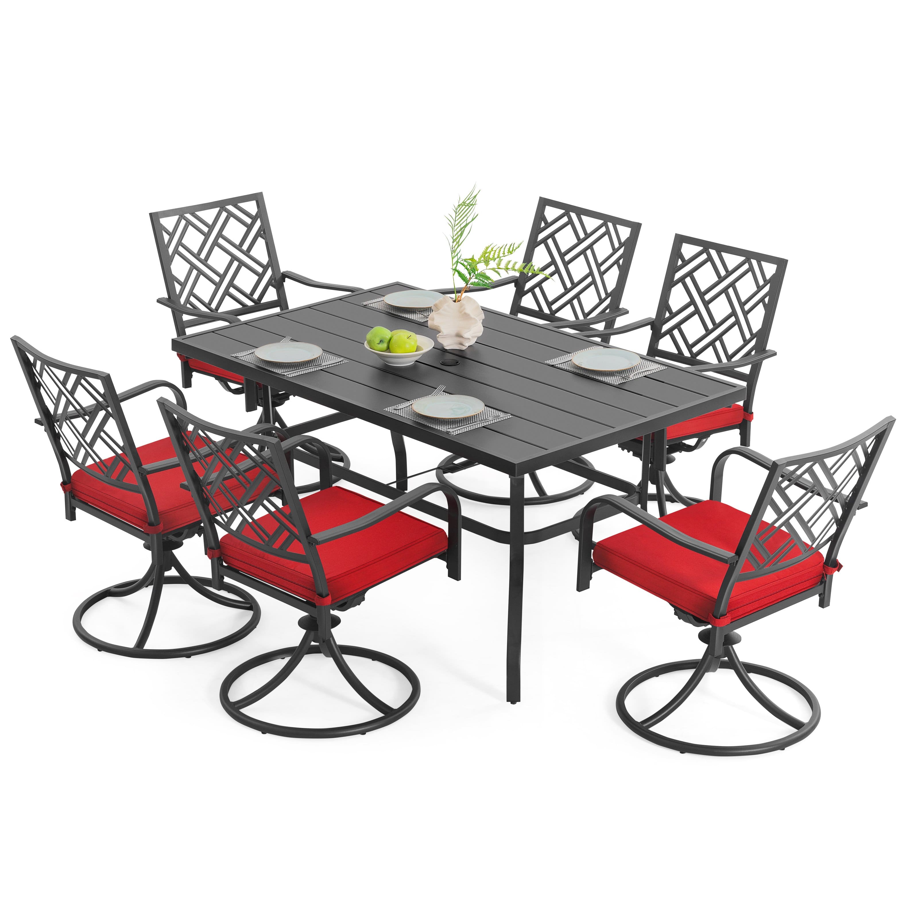 Nuu Garden - 7-Piece Outdoor Dining Set with Umbrella Hole and Swivel Chairs - Black and Red