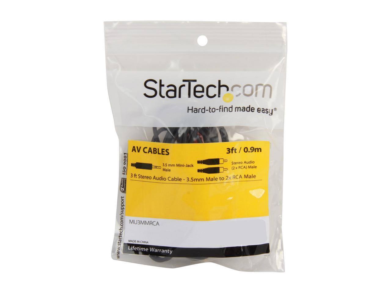 StarTech.com  
Hard-to-find made easy  

AV CABLES  
3ft / 0.9m  
3.5 mm Mini-Jack Male (2x - RCA)  
3 ft Stereo RCA Male Audio Cable  
3.5mm Male to 2x RCA Male  

www.startech.com/support  
Lifetime Warranty  
MADE IN CHINA  

MU3MMRCA