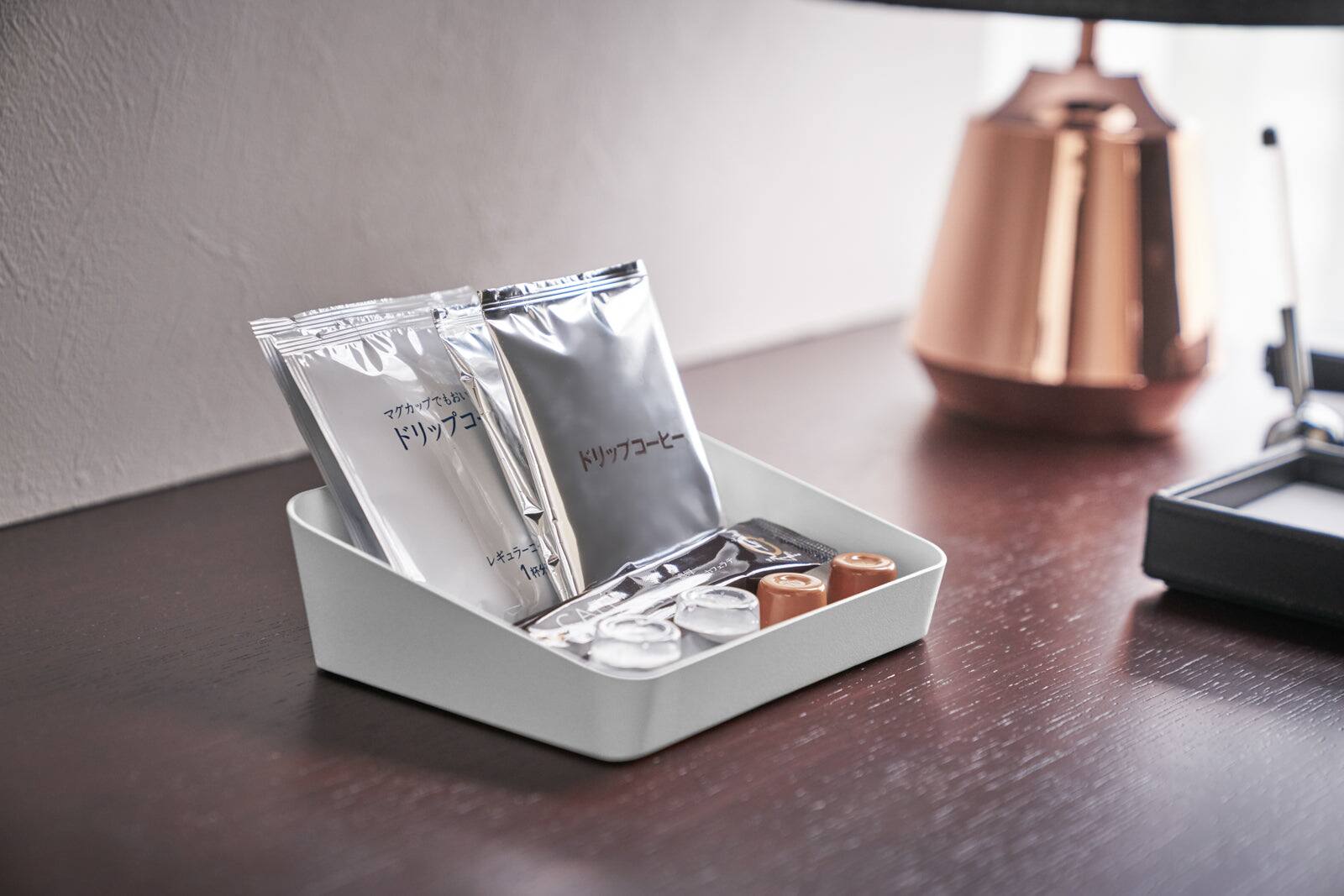 Alt View 2. Yamazaki Home - Vanity Tray - Angled - Small - Steel - White.