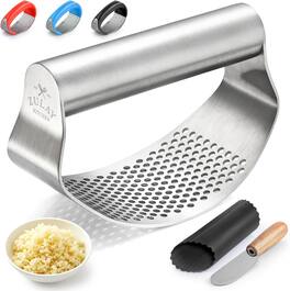 Zulay Kitchen - Stainless Steel Garlic Press Rocker Set with Peeler and Scraper Kitchen Gadget Smasher - Silver