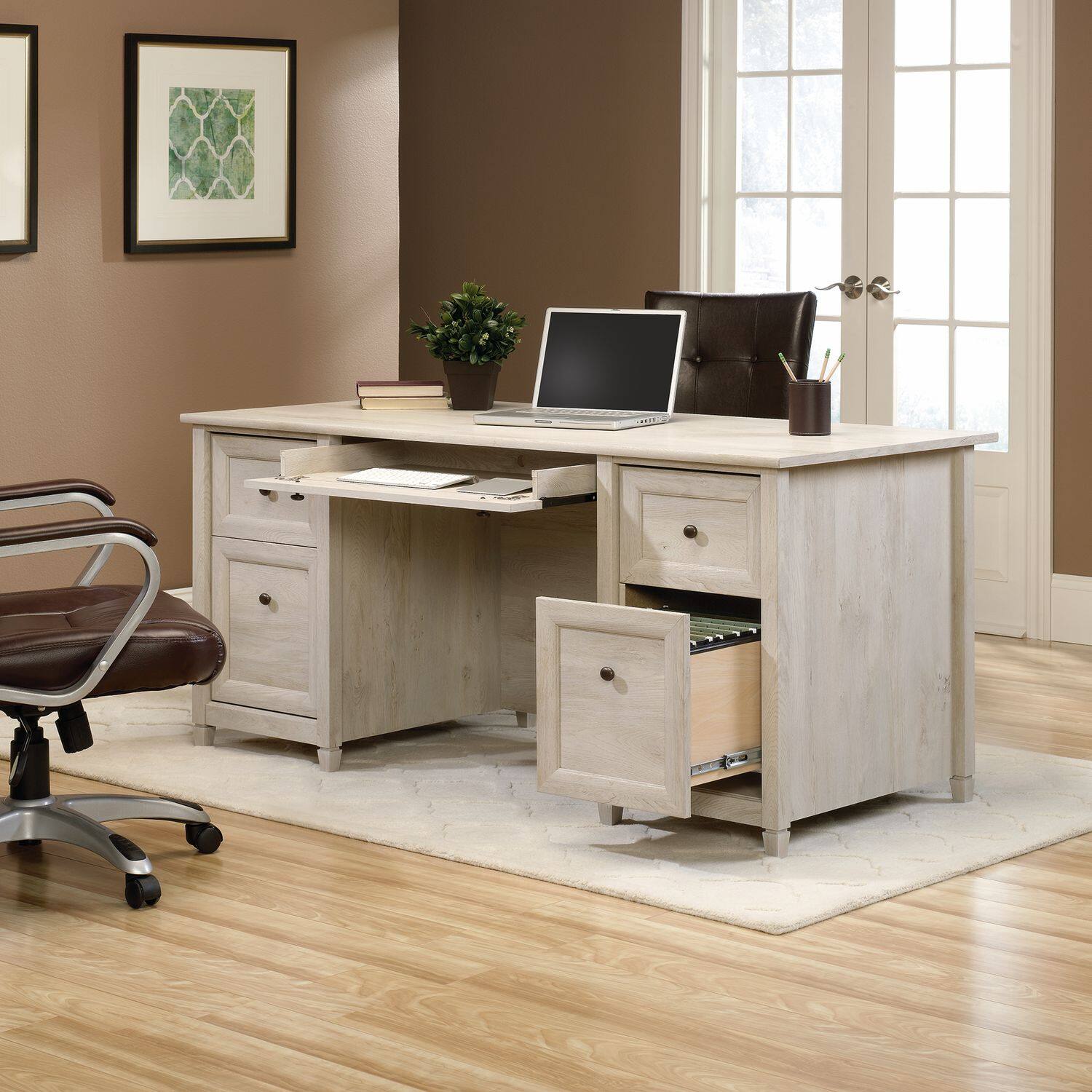 Alt View 3. Sauder - Sauder Edge Water Executive Desk Chalked Chestnut finish - Chalked Chestnut.