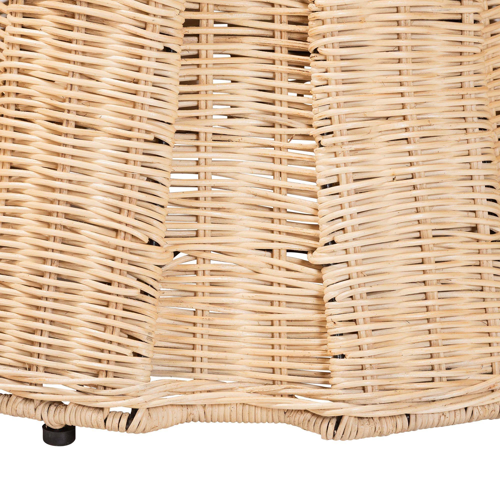 Left. bali & pari - Ying Round Natural Rattan Ottoman with Cushion - Handwoven Wicker Pleated Skirt Accent Coffee Table, Small - Natural Brown.