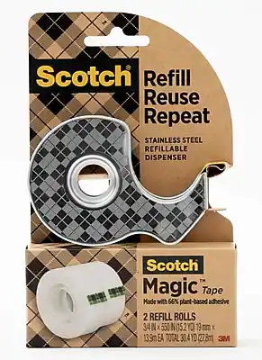 Scotch Refill Reuse Repeat
STAINLESS STEEL REFILLABLE DISPENSER
Scotch Magic Tape
Made with 66% plant-based adhesive
2 REFILL ROLLS
3/4" x 550' (15.2 YD) 19 mm x 13.9m EA
TOTAL 30.4 YD (27.8m)
3M