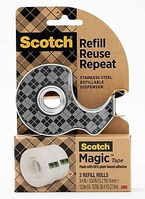 Scotch Refill Reuse Repeat  
STAINLESS STEEL REFILLABLE DISPENSER  

Scotch Magic Tape  
Made with 66% plant-based adhesive  

2 REFILL ROLLS  
3/4" x 550' (15.2 YD) 19 mm x 13.9m EA  
TOTAL 30.4 YD (27.8m)  

3M