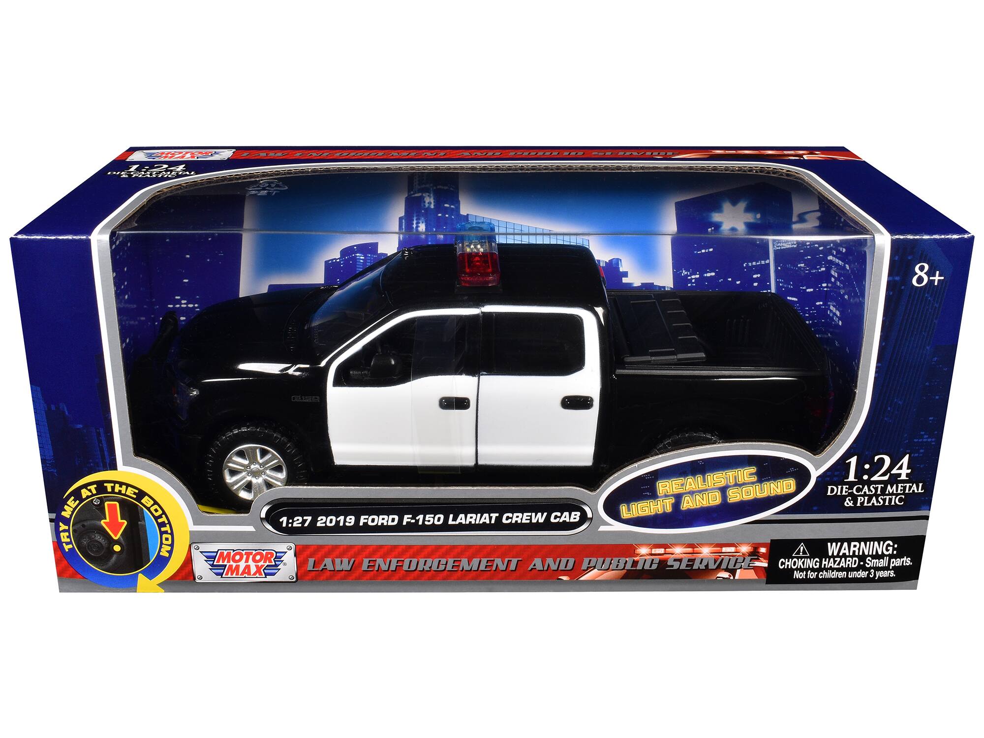 SAA N-EEEEMSENE AN SOESSES .- ...-- 1:4   8+ CALISIR AT THE S ME TRY BOTTOM REALISTIC 1:24 SOUND DIE-CAST METAL LIGHT AND & PLASTIC 1:27 2019 FORD F-150 LARIAT CREW CAB  WARNING: MOTOR SERVICE CHOKING HAZARD-Small parts. MAX LAW ENFORCEMENT AND PUBLIC Not for children under 3 years.