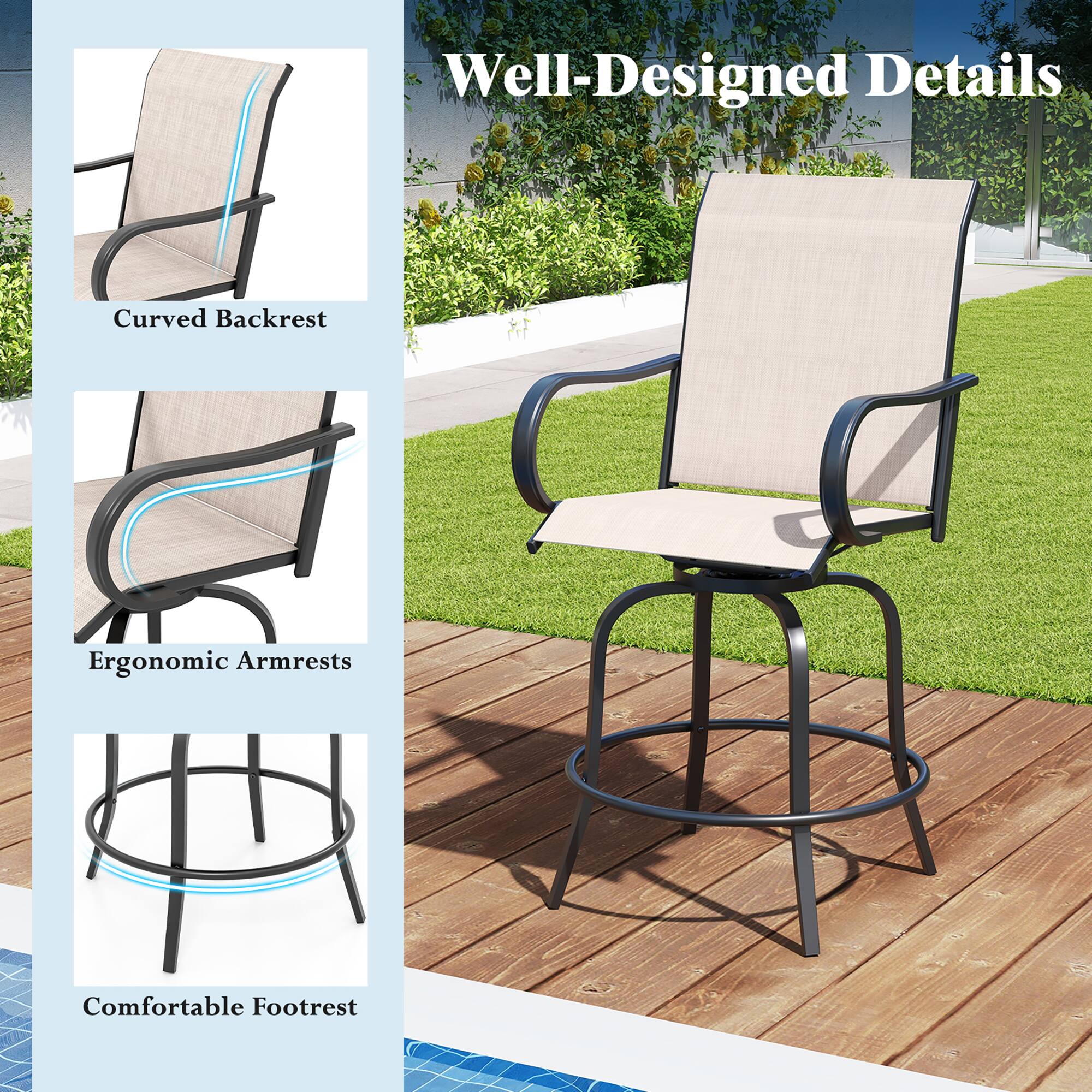 The text in the image can be grouped and corrected as follows:

- **Well-Designed Details**
  - Curved Backrest
  - Ergonomic Armrests
  - Comfortable Footrest