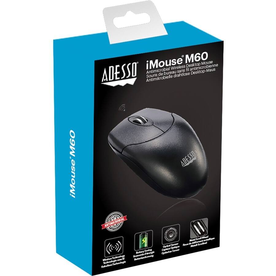 iMouse M60  
Antimicrobial Wireless Desktop Mouse  
Souris de bureau sans fil antimicrobienne  
Antimikrobielle drahtlose Desktop-Maus  

ADESSO  

- Wireless Technology  
- Battery Saving  
- Optical Sensor  
- Metal Scroll Wheel  

Antimicrobial  
Wireless Technology  
Batterie de longue durée  
Capteur optique  
Roue de défilement en métal  

ADESSO