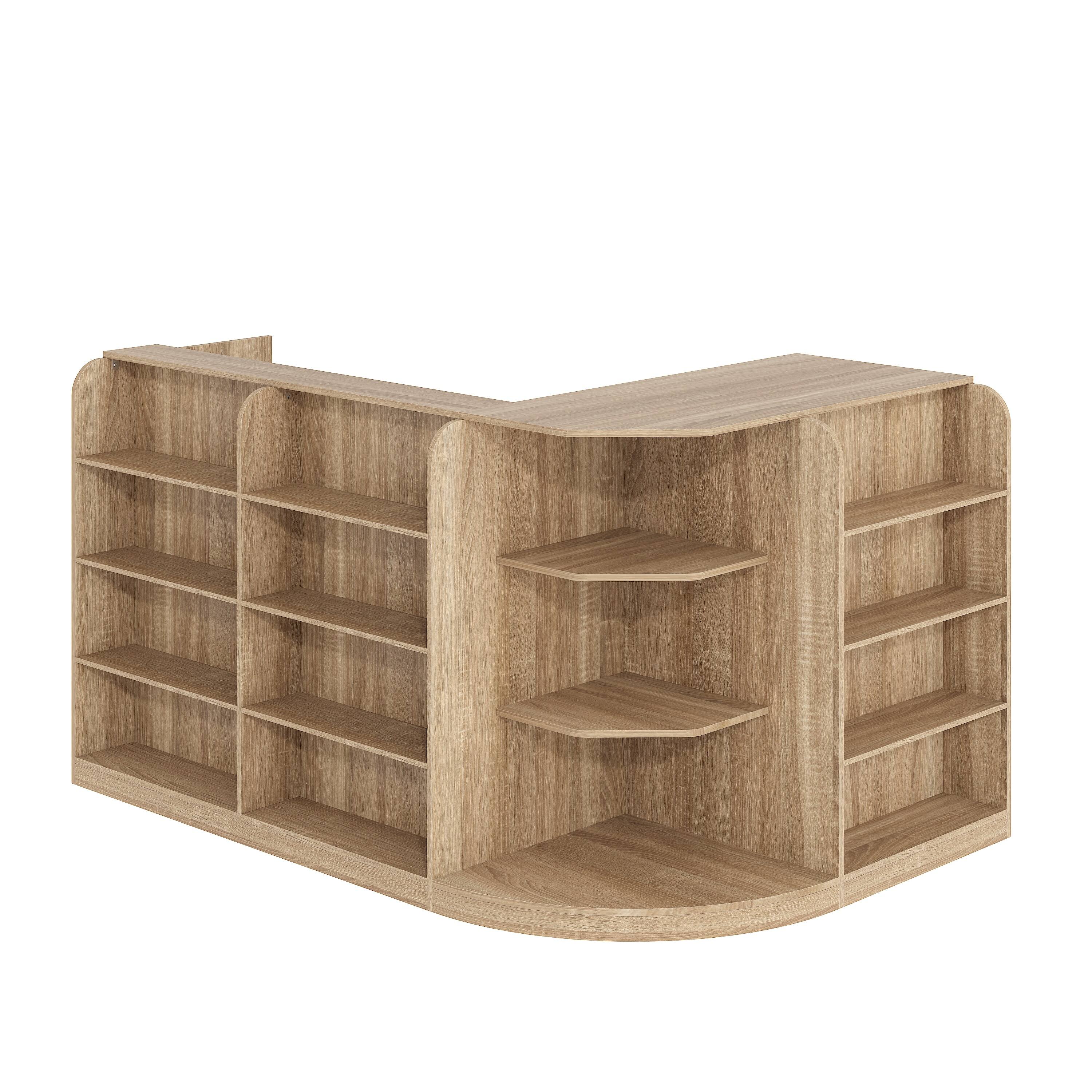 Alt View 6. Famapy - L-Shaped Multipurpose Reception Desk – Light Oak Finish, Open Shelves & Drawers for Coffee Shop, Retail, Office - Wooden.