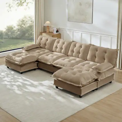 Front. Anysun - 138" U-Shape Cloud Sectional with 2 Ottomans - Modular Chenille Sofa, 4-Seat Deep Design, Lattice-Decor Cushions - Coffee.