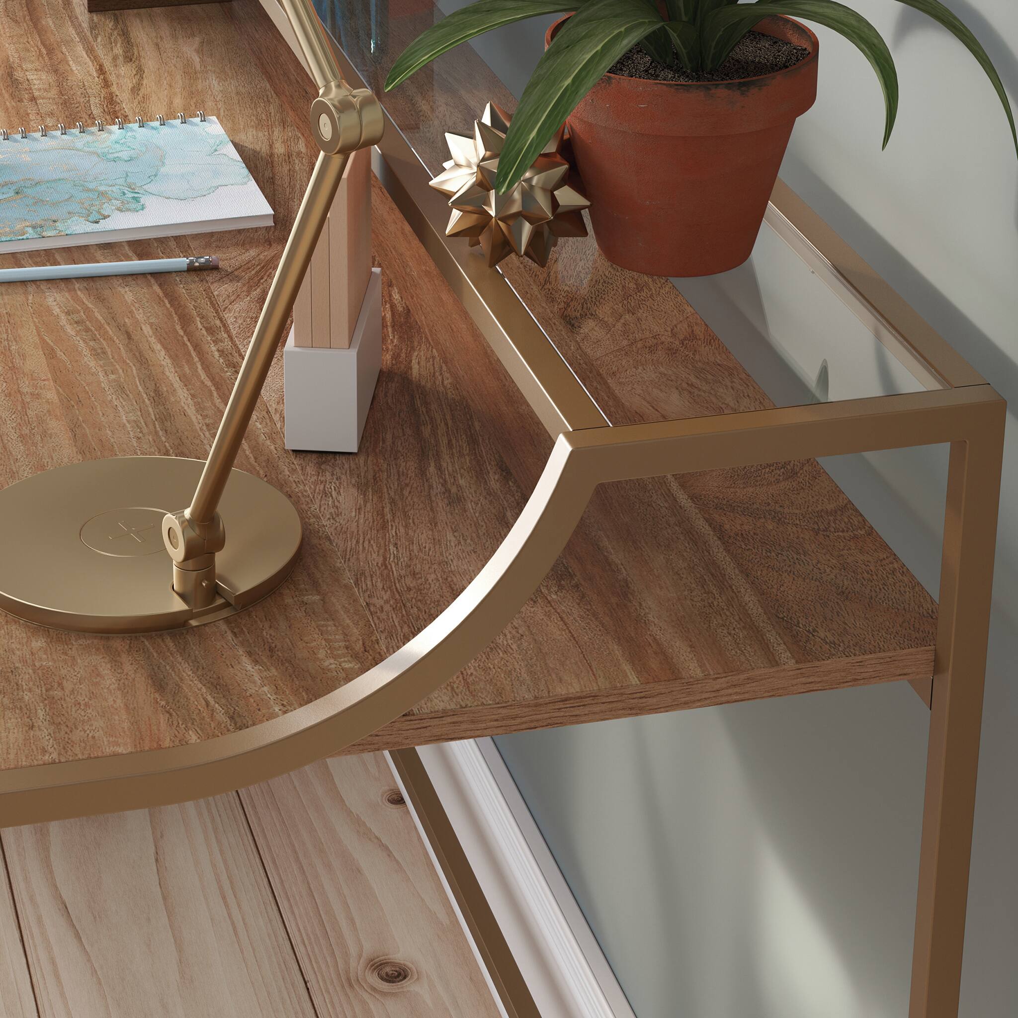 Alt View 1. Spaco - Ornate Writing Desk, Satin Gold Frame, Glass Display Shelf, Compact Office - Brown.