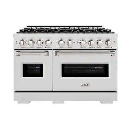 Front. ZLINE - ZLINE 48 in. Classic Double Oven Gas Range in Satin Steel Stainless w/ 8 Brass Burners (CGRS-BR-48) - Stainless Steel.