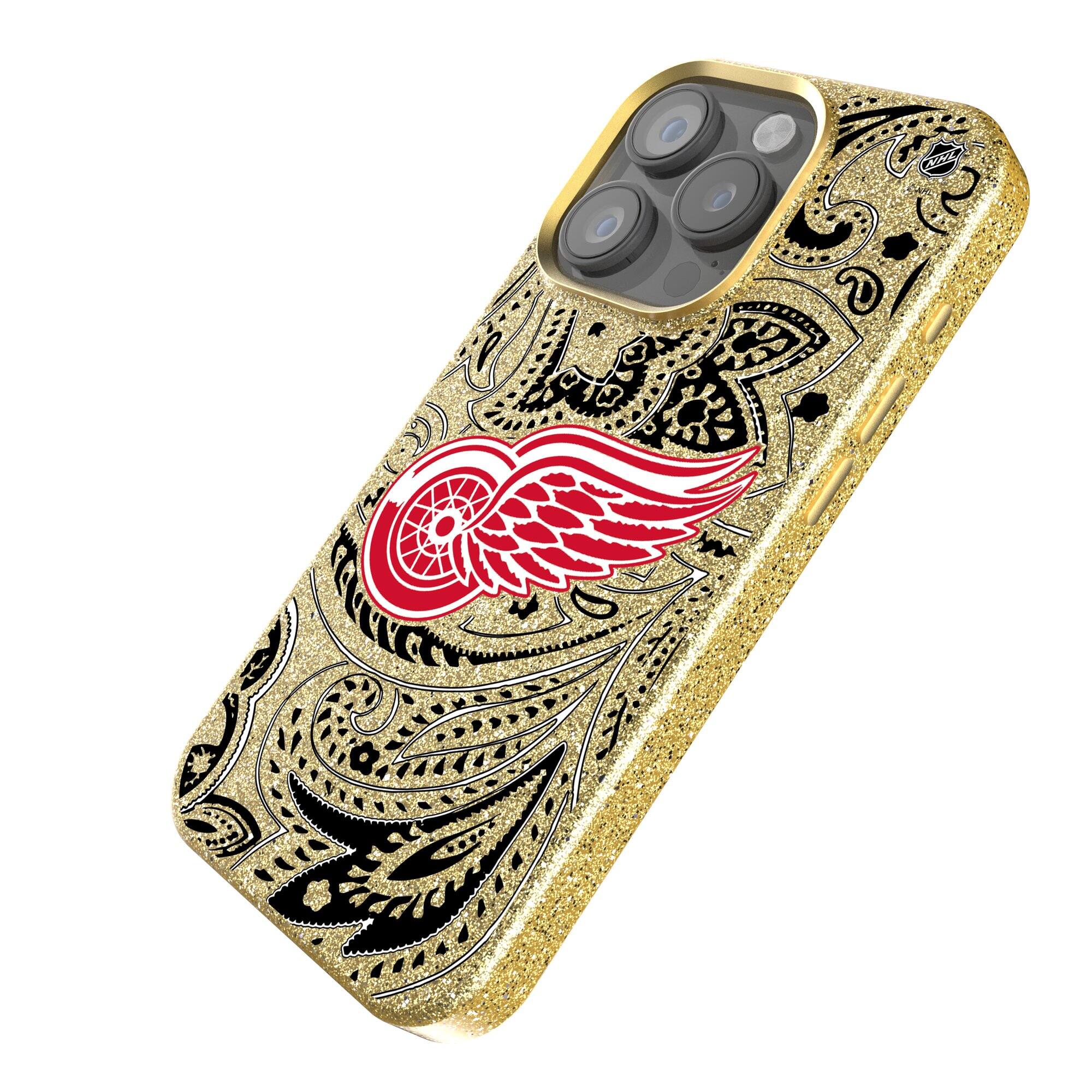 Alt View 1. Keyscaper - Gold Detroit Red Wings Paisley Bling iPhone Case - 16 Pro Max - Gold.