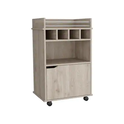 Front. TuHome - Phoenix Bar Cart with 2 Open Shelves, 4 Wine Cubbies, a cabinet and perfect for Bar Room - Light Pine.