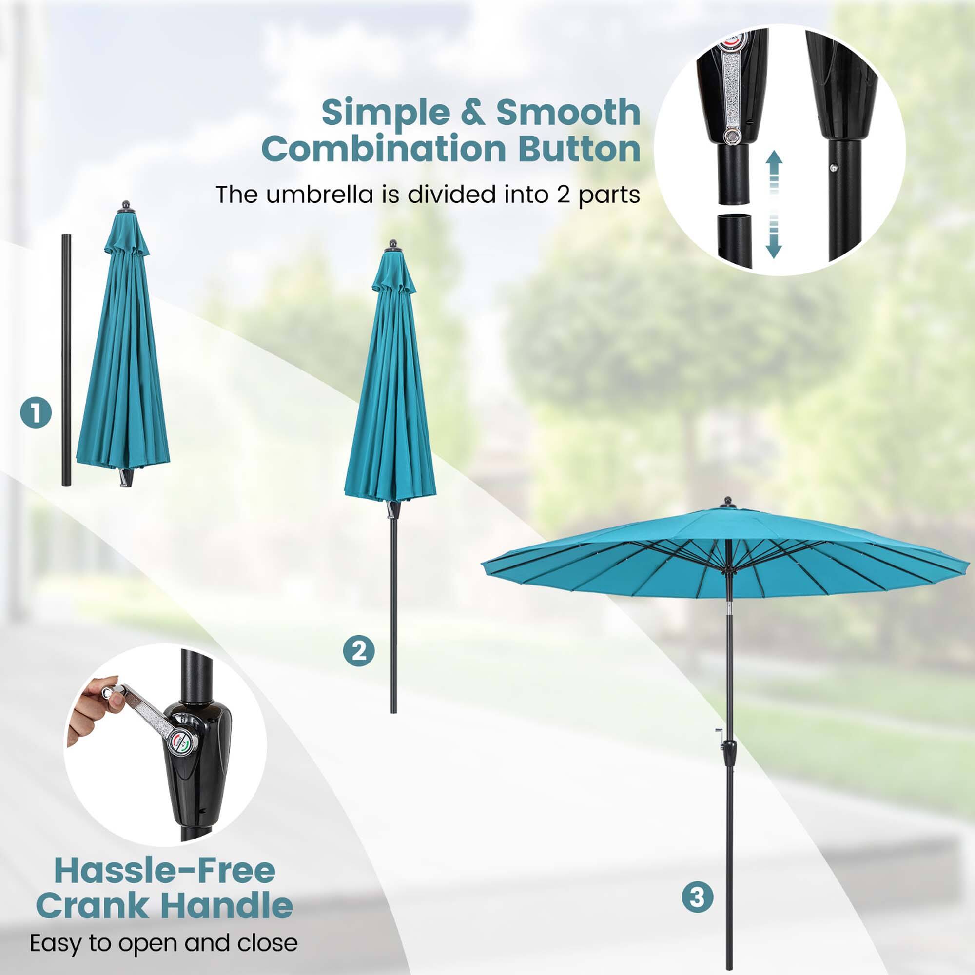 Simple & Smooth Combination Button
The umbrella is divided into 2 parts
1
Hassle-Free Crank Handle
Easy to open and close
3
2