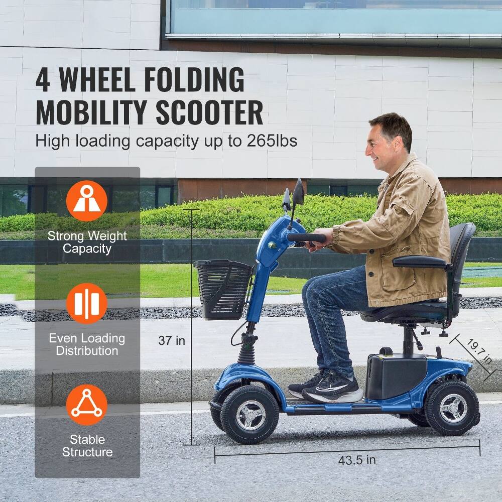 4 WHEEL FOLDING MOBILITY SCOOTER

High loading capacity up to 265lbs

Strong Weight Capacity

Even Loading Distribution

Stable Structure

37 in

19.7 in

43.5 in